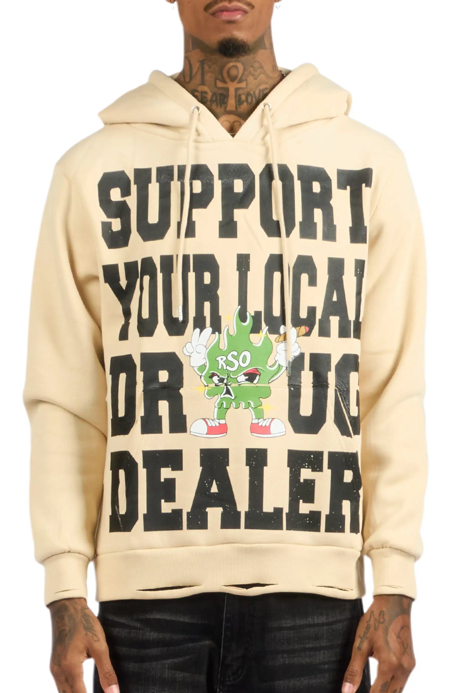 Tarl Beige Distressed Graphic Relaxed Hoodie