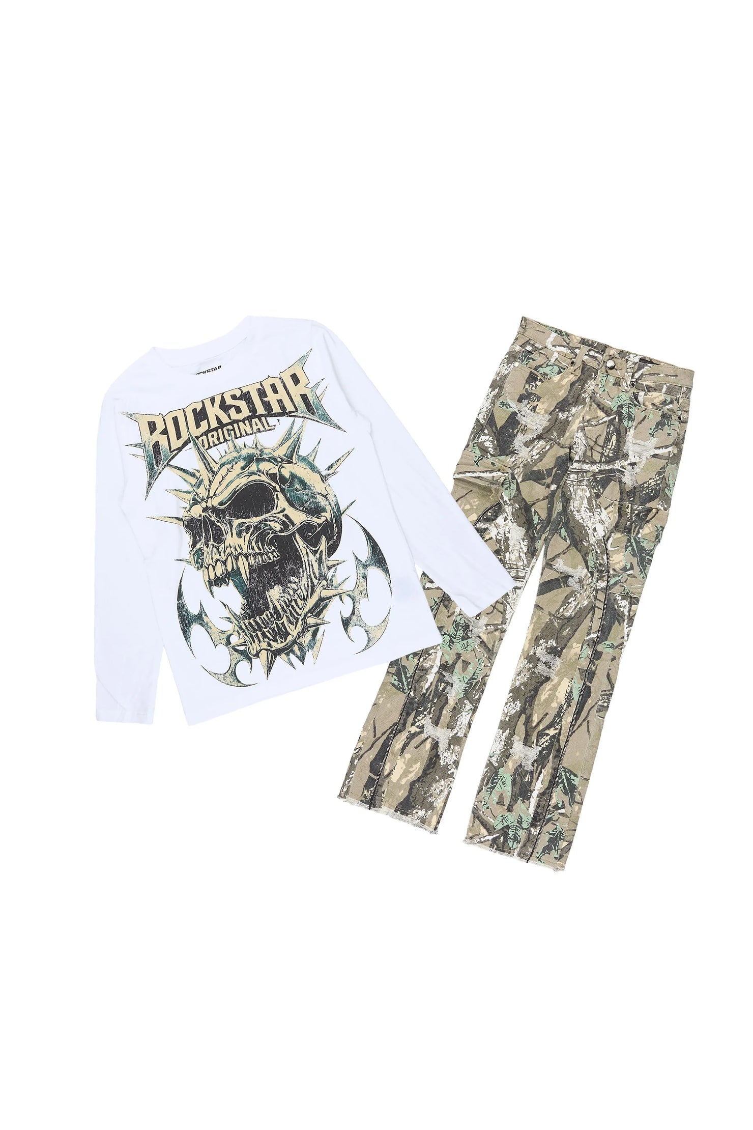 Boys Boos White/Tree Camo Long Sleeve T-shirt Stacked Jean Set