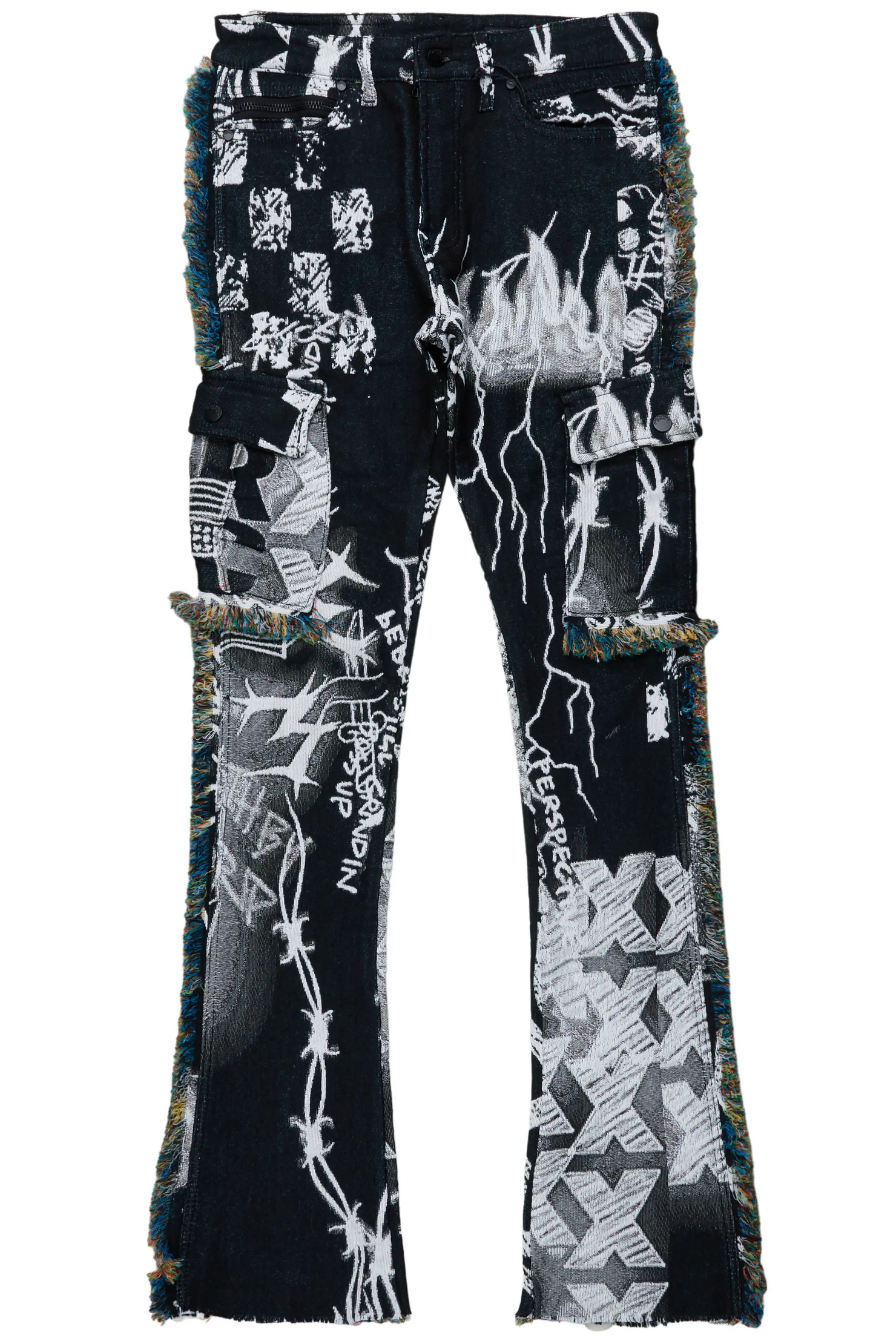 Zane Black/White Tapestry Stacked Flare Jean