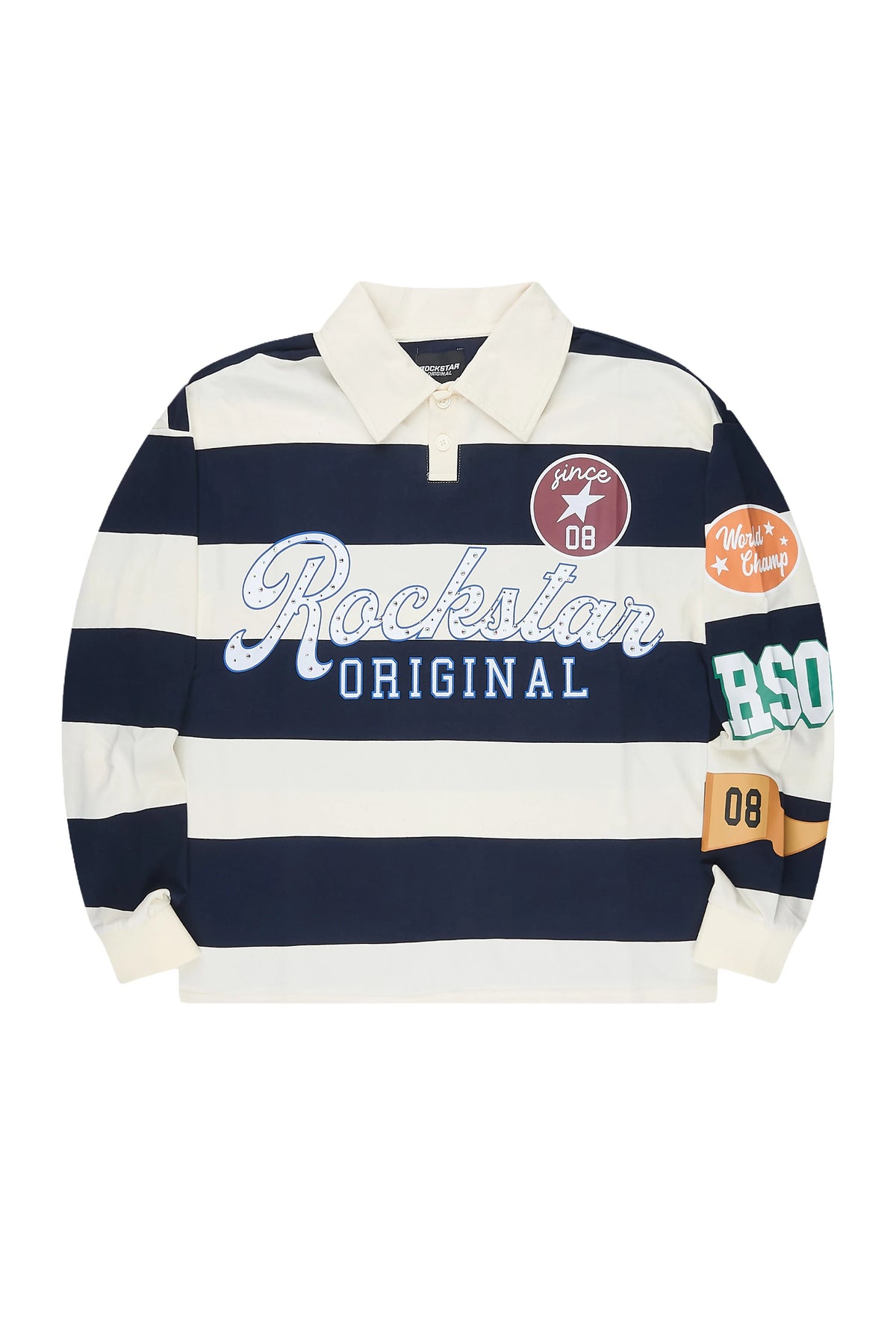 Prismo Navy/Cream Rhinestone Long Sleeve Polo Shirt