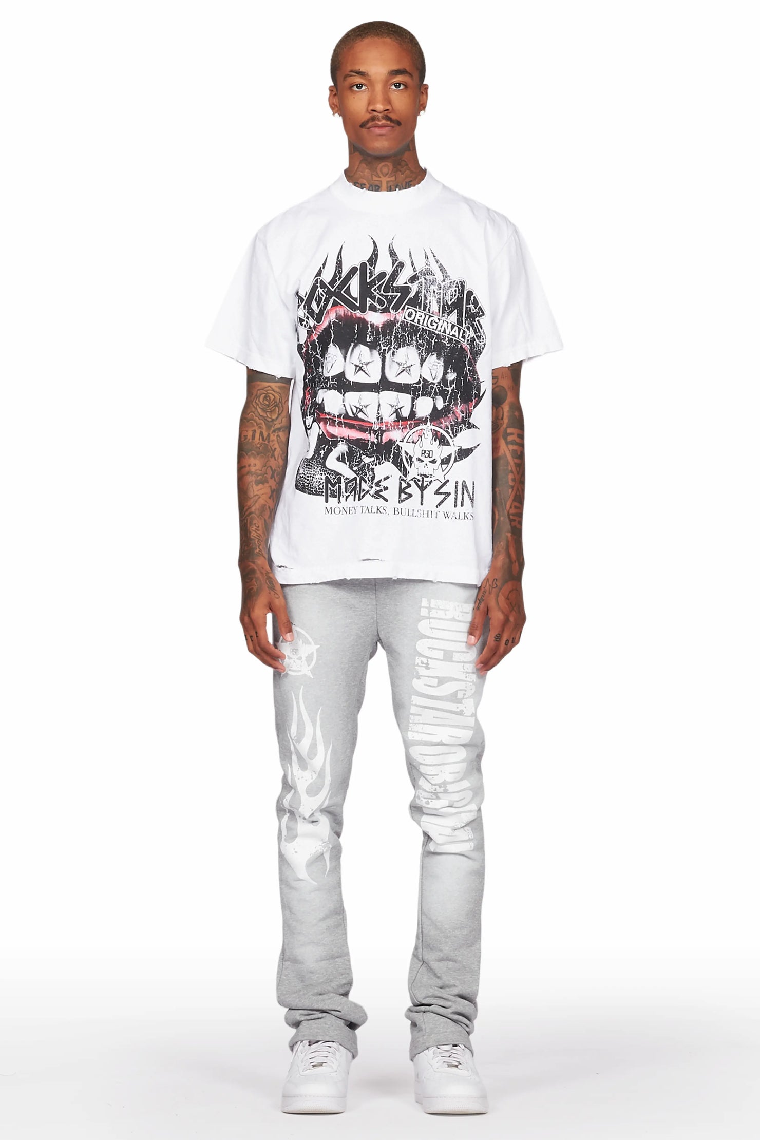 Vadim White/Grey Oversize T-Shirt/Stacked Flare Track Set