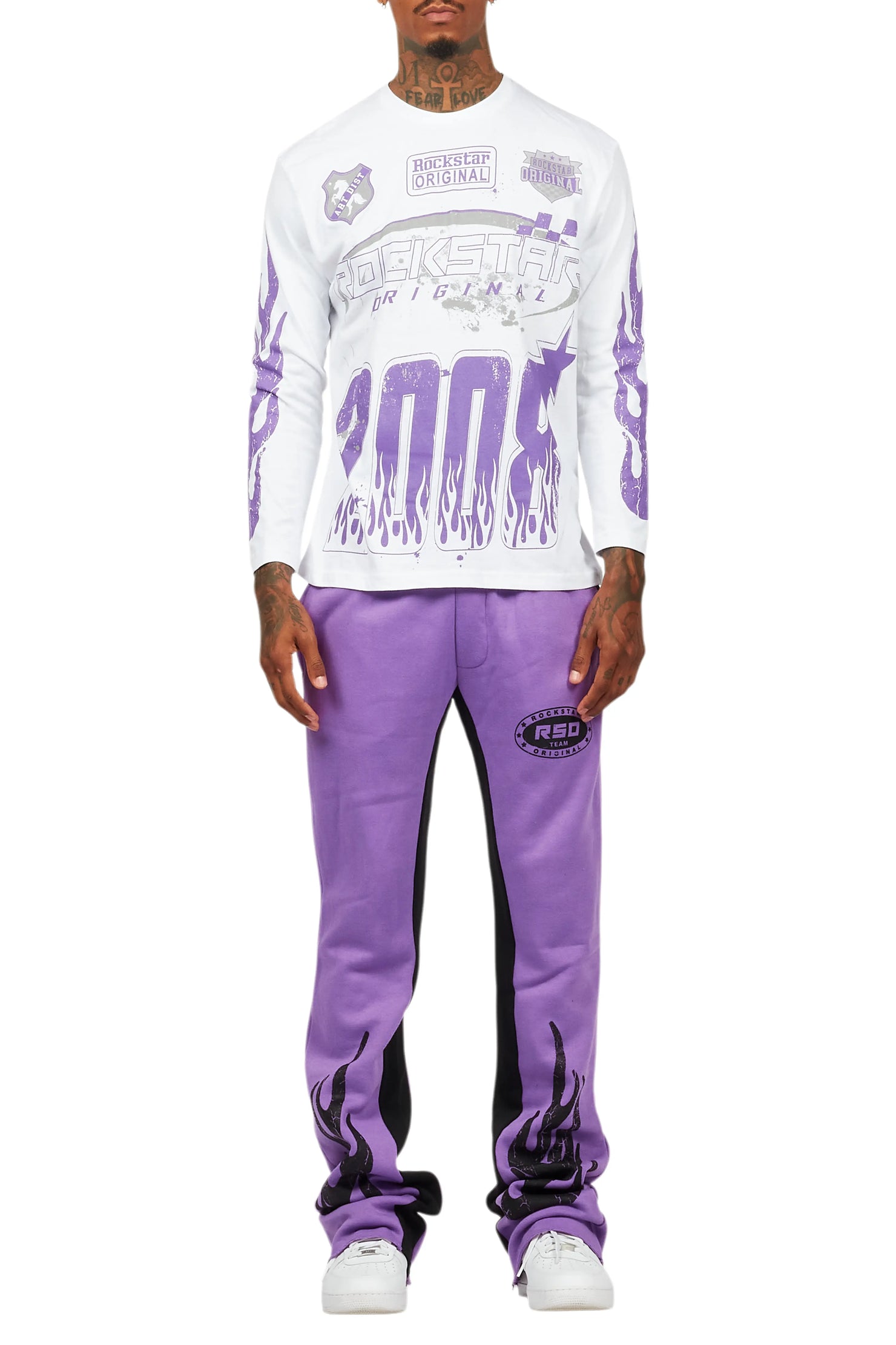 Amos Purple/White Long Sleeve T-Shirt/Stacked Baggy Pant Set