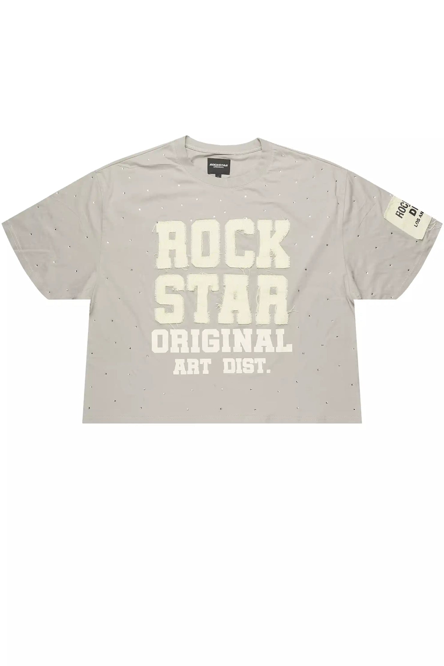 Yulian Grey Boxy Crop Rhinestone T-Shirt