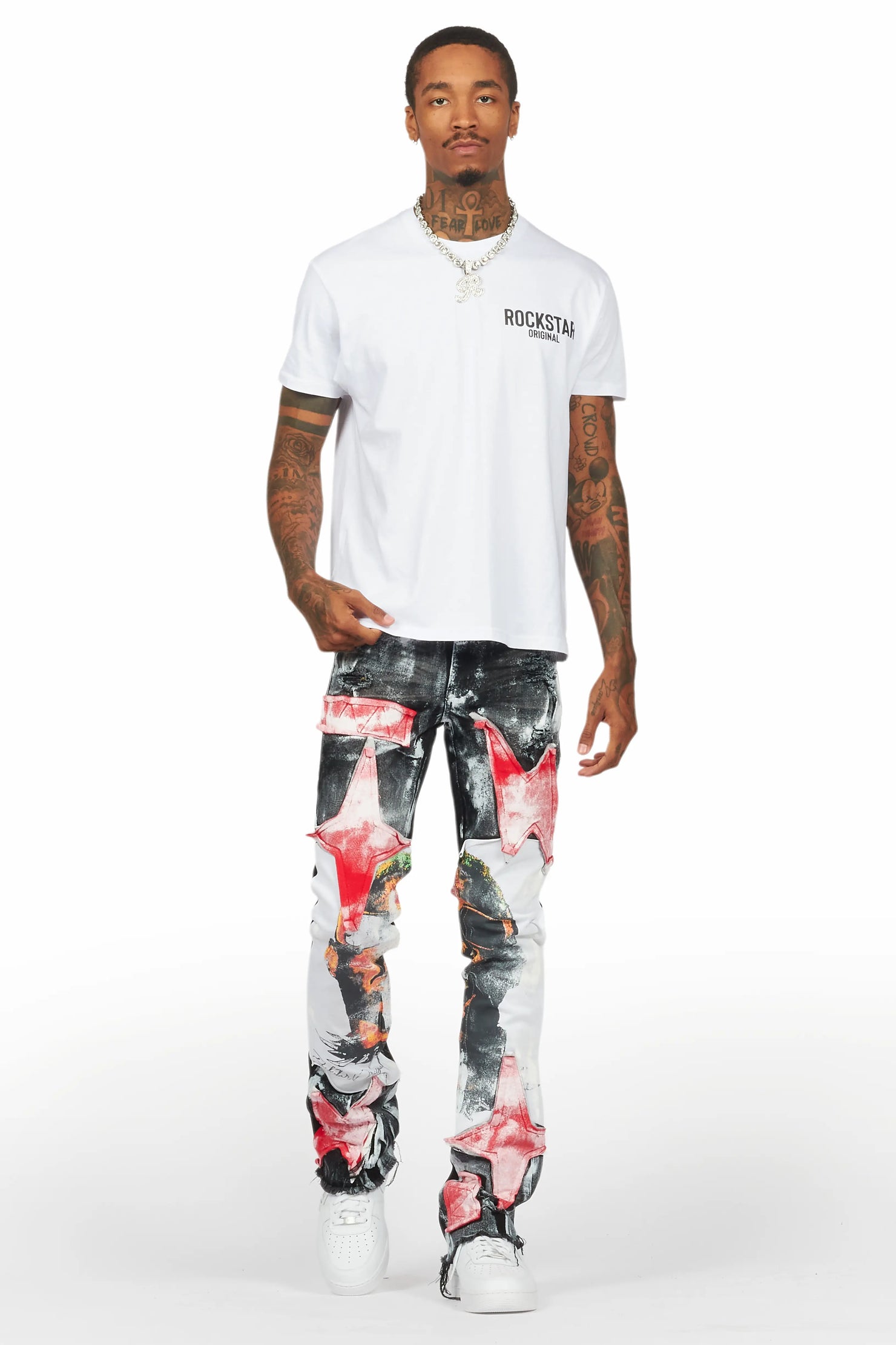 Savier Black/White Roller Paint Stacked Flare Jean
