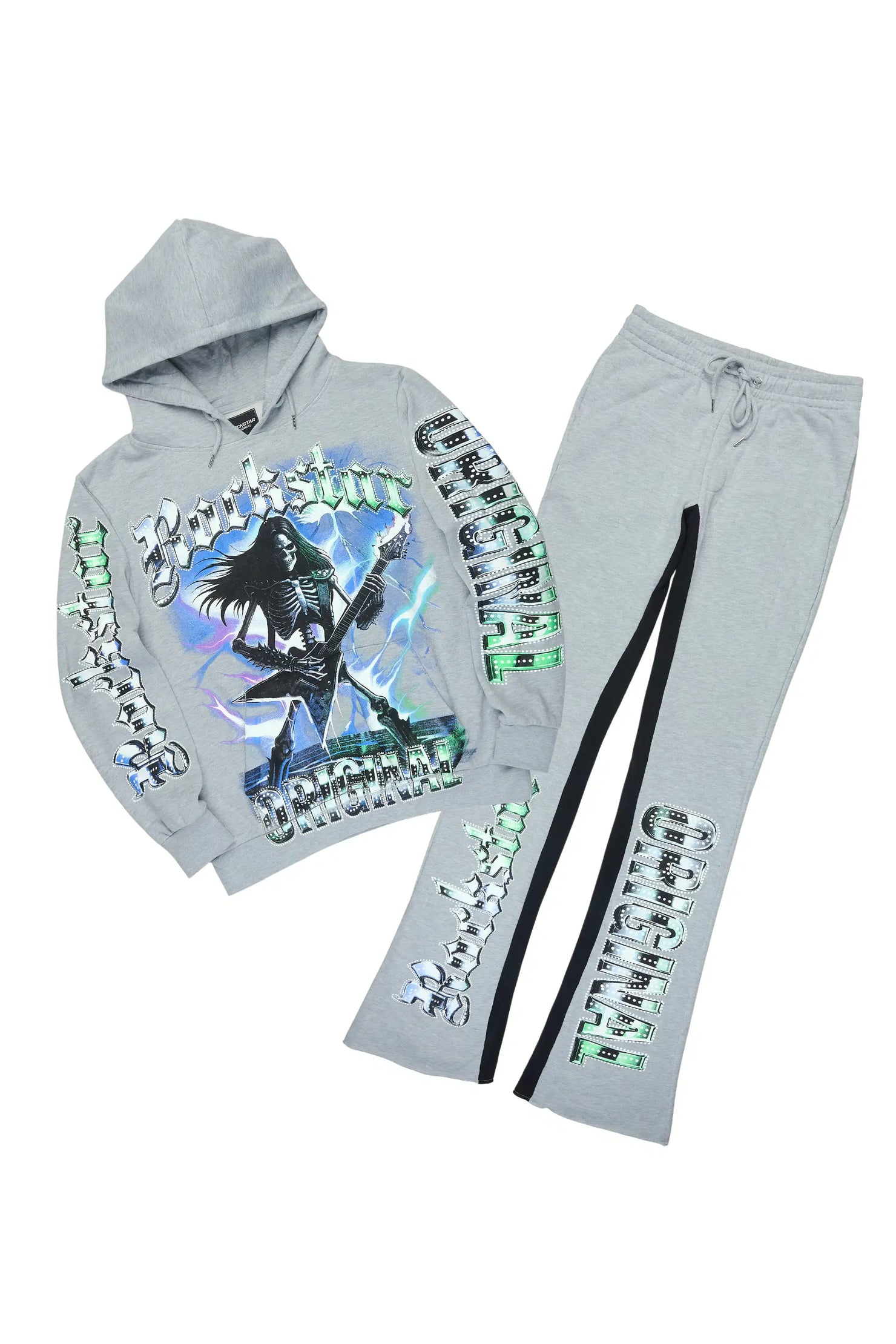 Wekken Heather Grey/Blue Hoodie/Baggy Stacked Track Pant Set