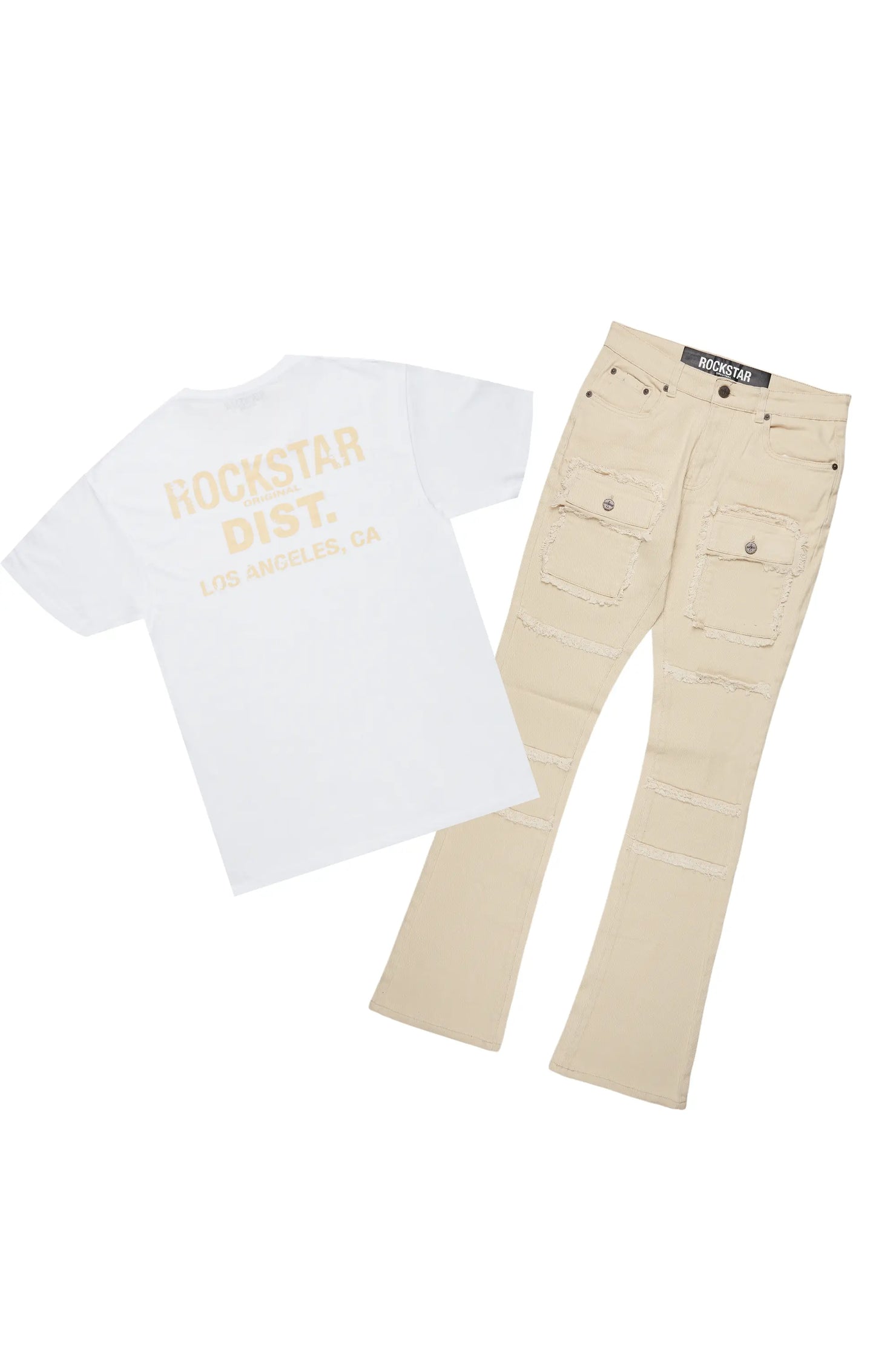 Lake White/Beige T-Shirt/Stacked Flare Cargo Jean Bundle
