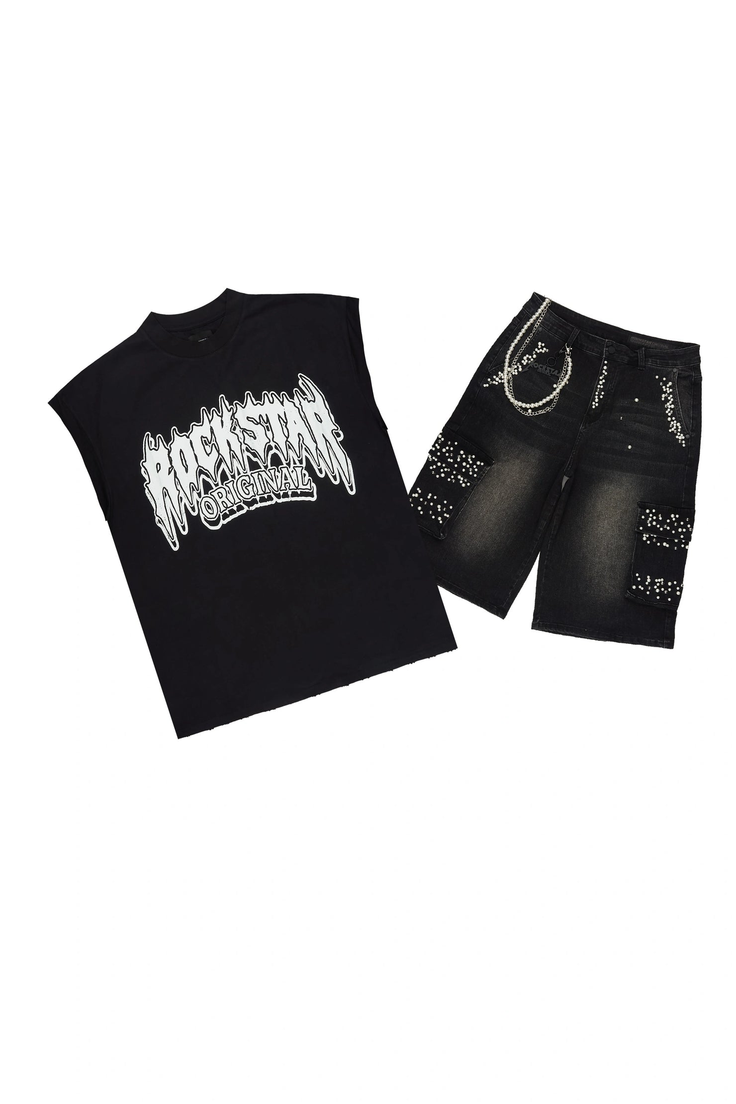 Teo Black Rhinestone Cut Sleeve T-Shirt Denim Jort Set