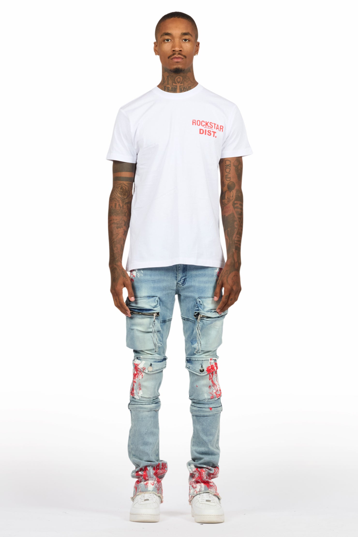 Sley White/Red T-Shirt/Stacked Flare Jean Set