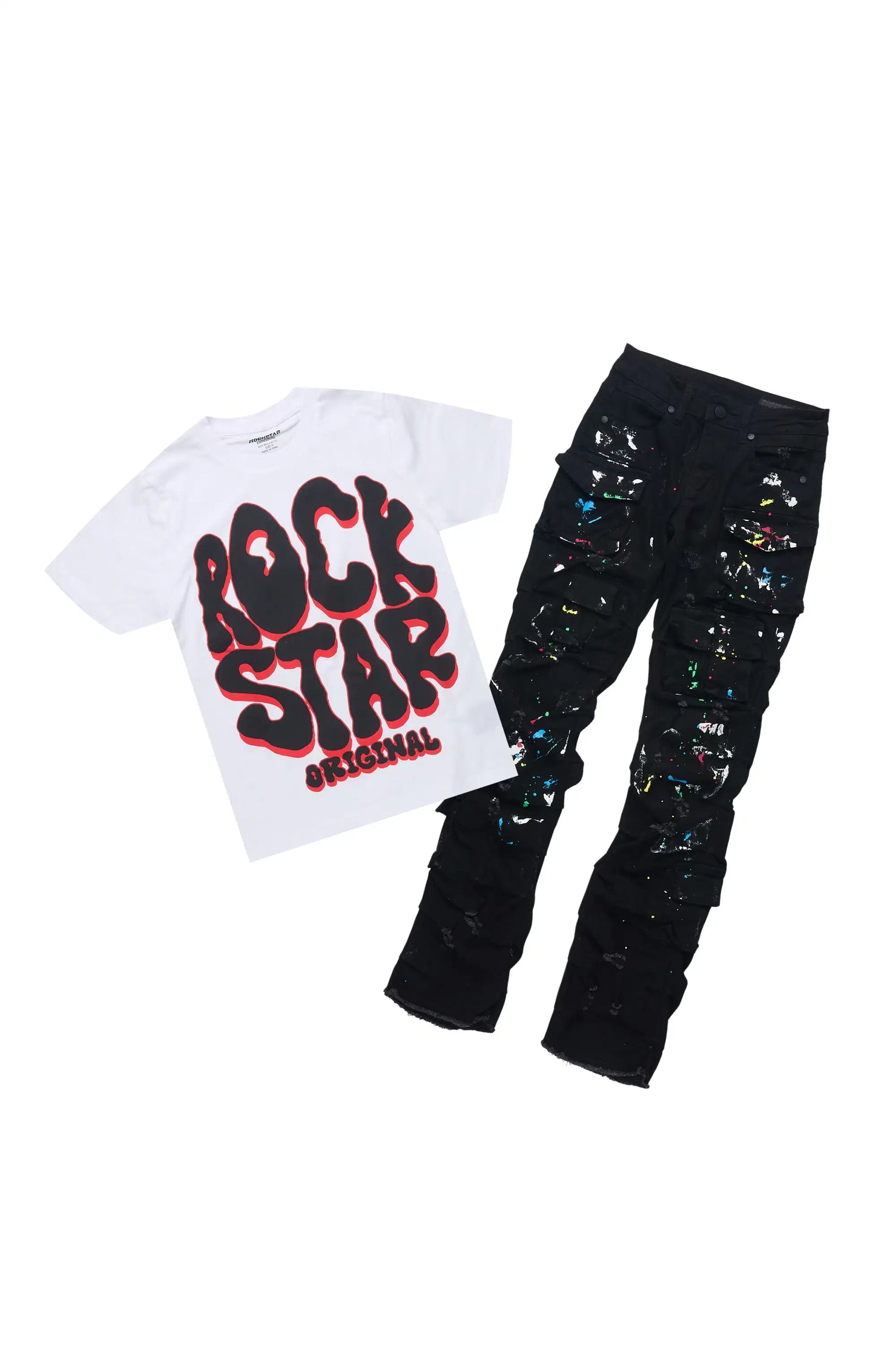 Boys Braddy White/Black T-Shirt/Stacked Painter Jean Set