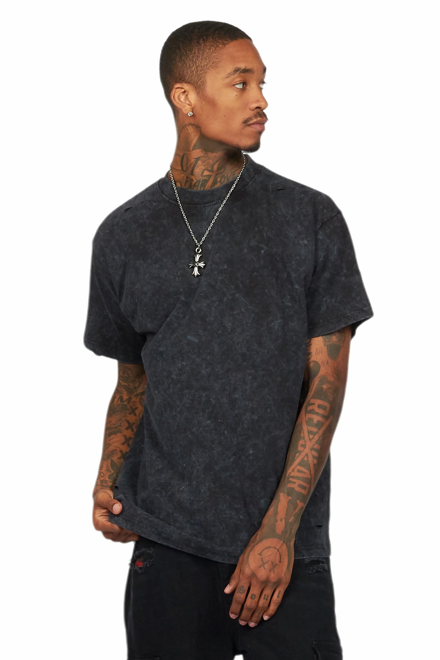 Basic Rockstar Vintage Black Oversized Distressed Plain T-Shirt