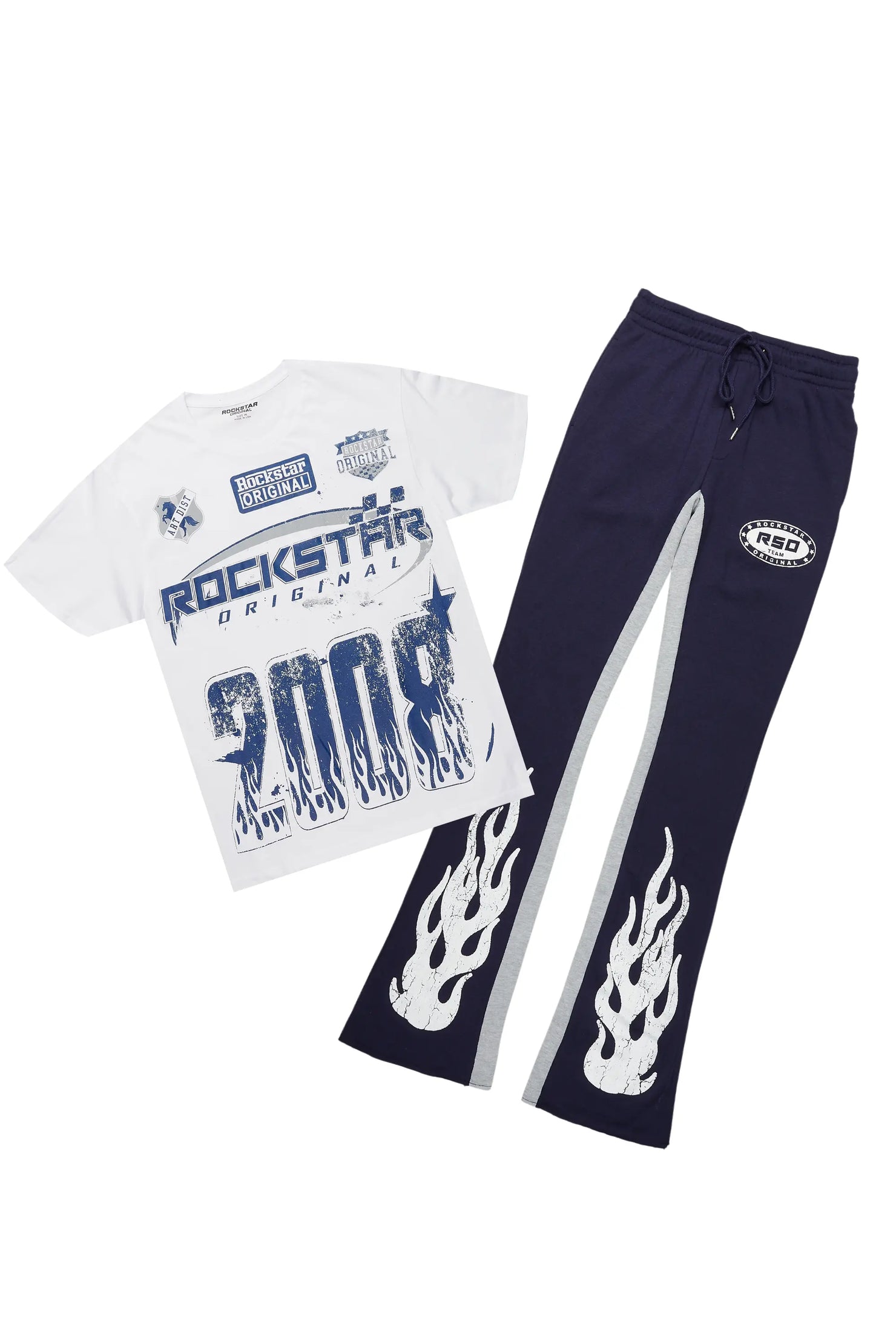 Amos White/Navy T-Shirt/Stacked Baggy Track Pant Set