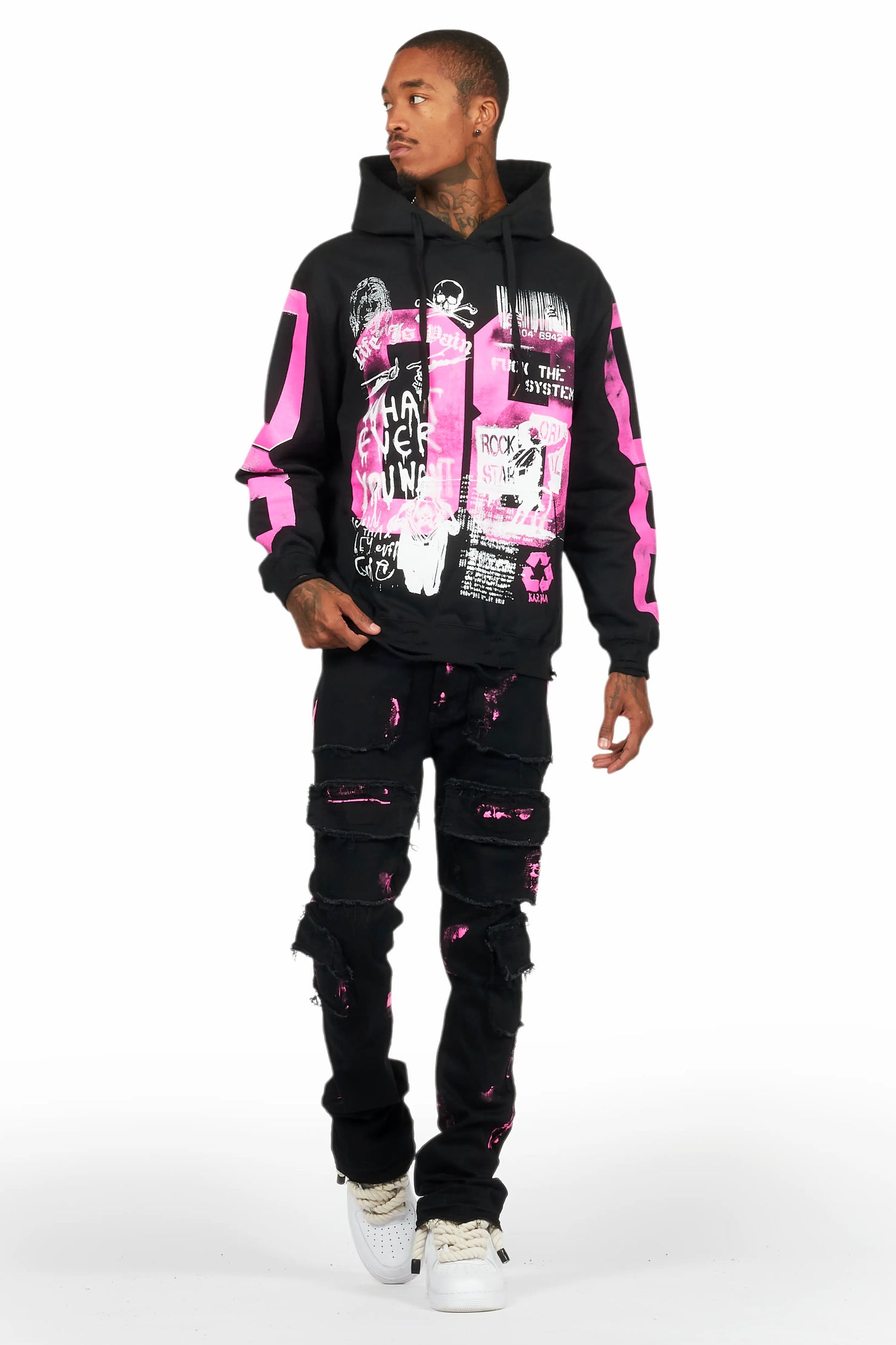 Grill Black/Pink Hoodie/Stacked Flare Jean Bundle