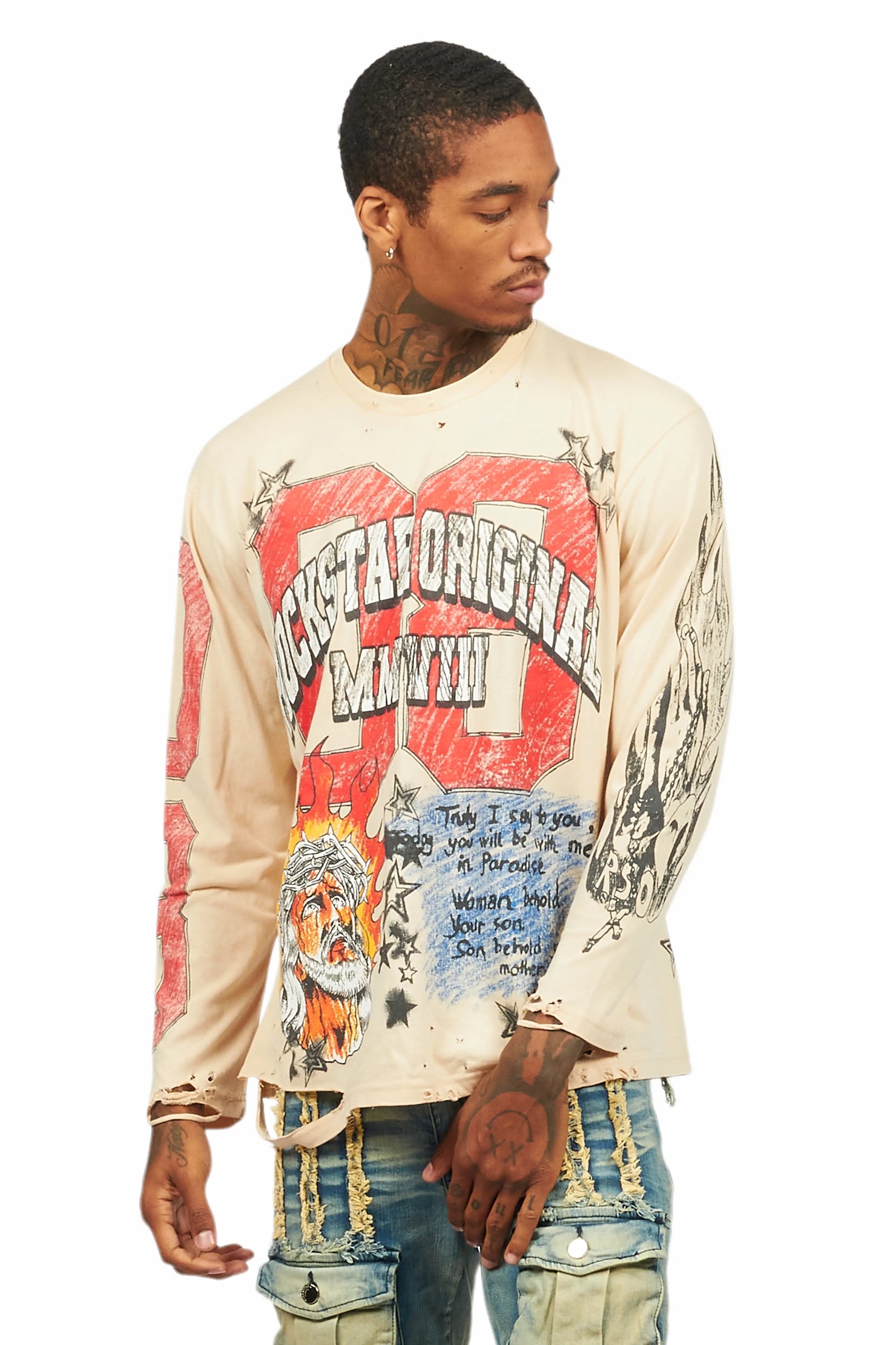 Jesus Crayon Vintage Sand Long Sleeve Graphic T-Shirt