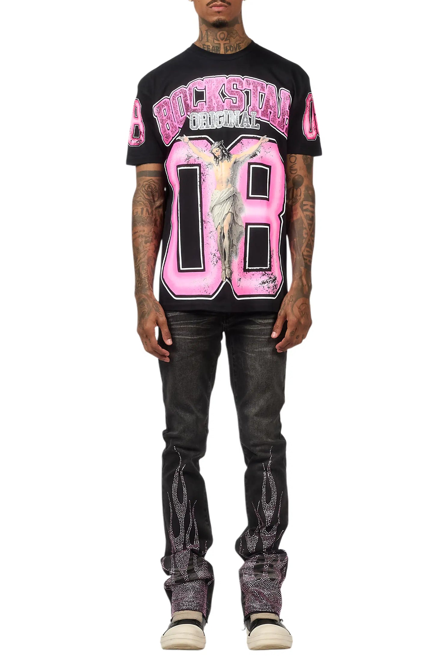 Samba Dark Grey/Pink Rhinestone Stacked Flare Jean