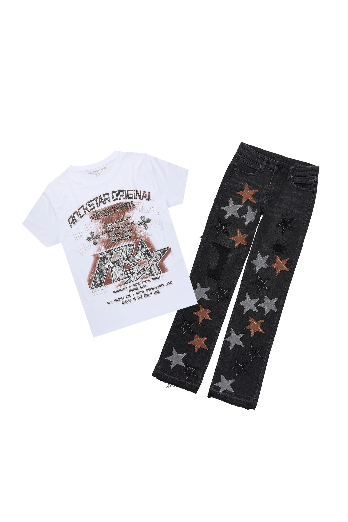 Boys Byson White/Dark Grey T-Shirt Patchwork Jean Set