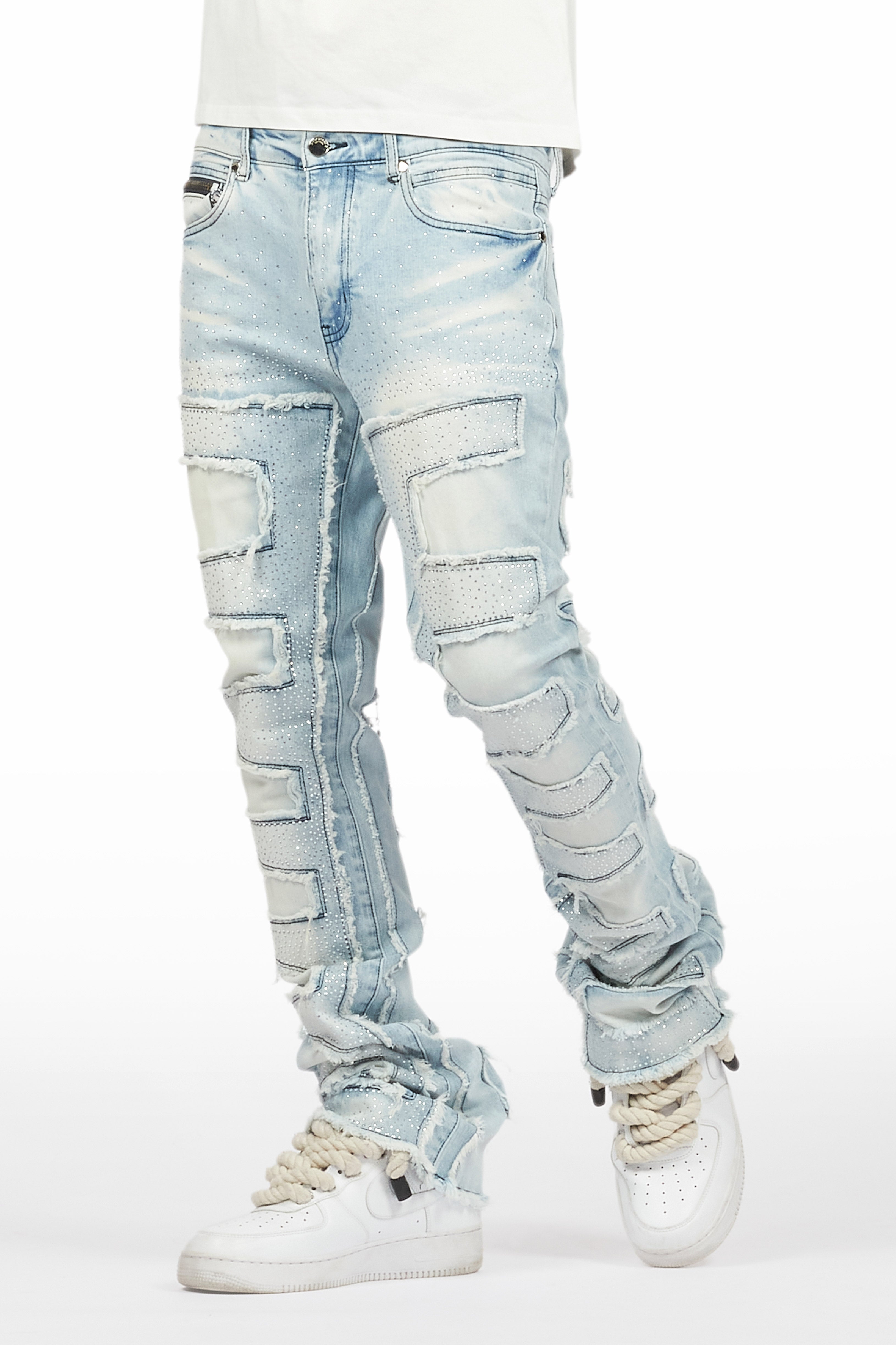 Shake Light Blue Rhinestone Stacked Flare Jean– Rockstar Original
