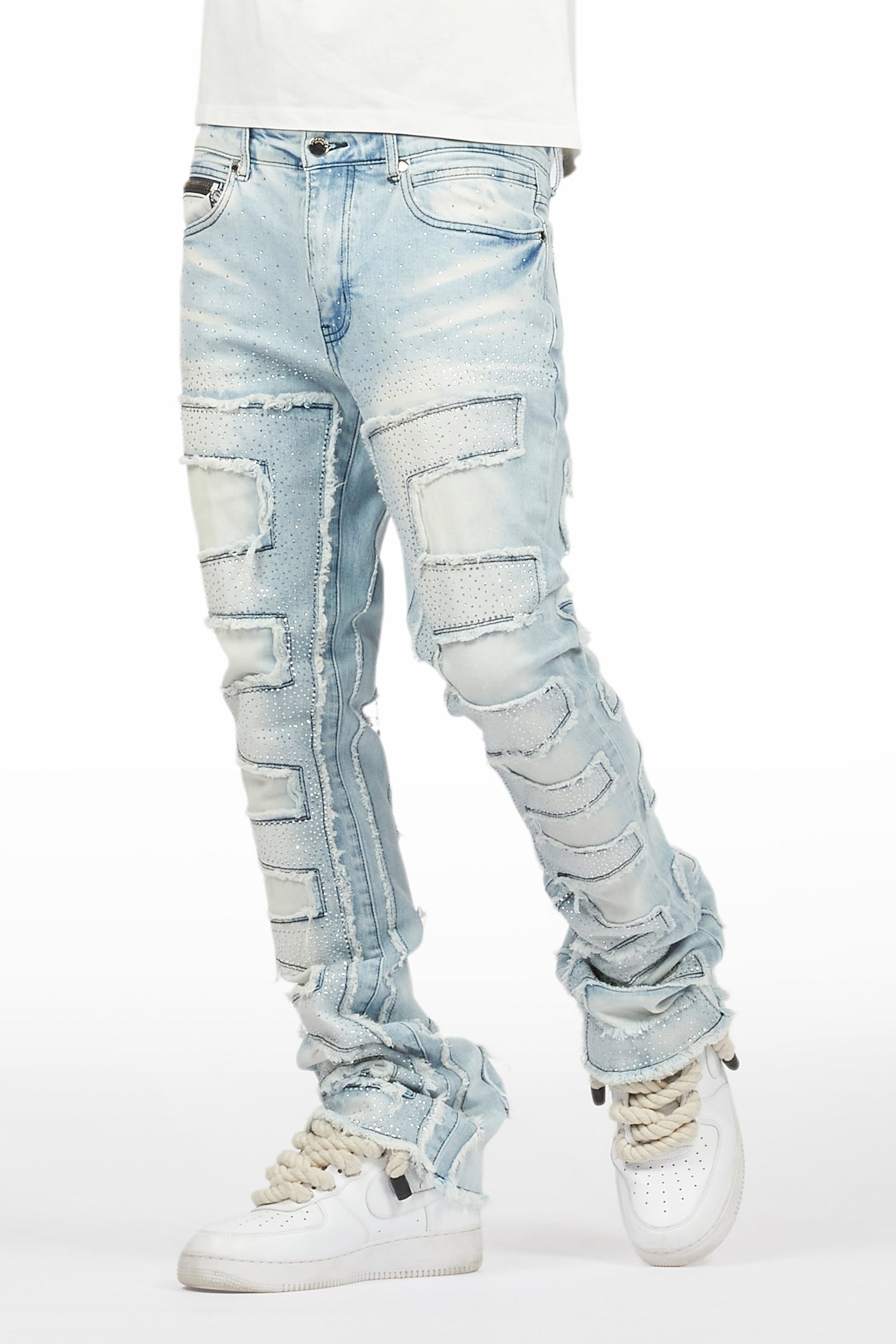 Shake Light Blue Rhinestone Stacked Flare Jean
