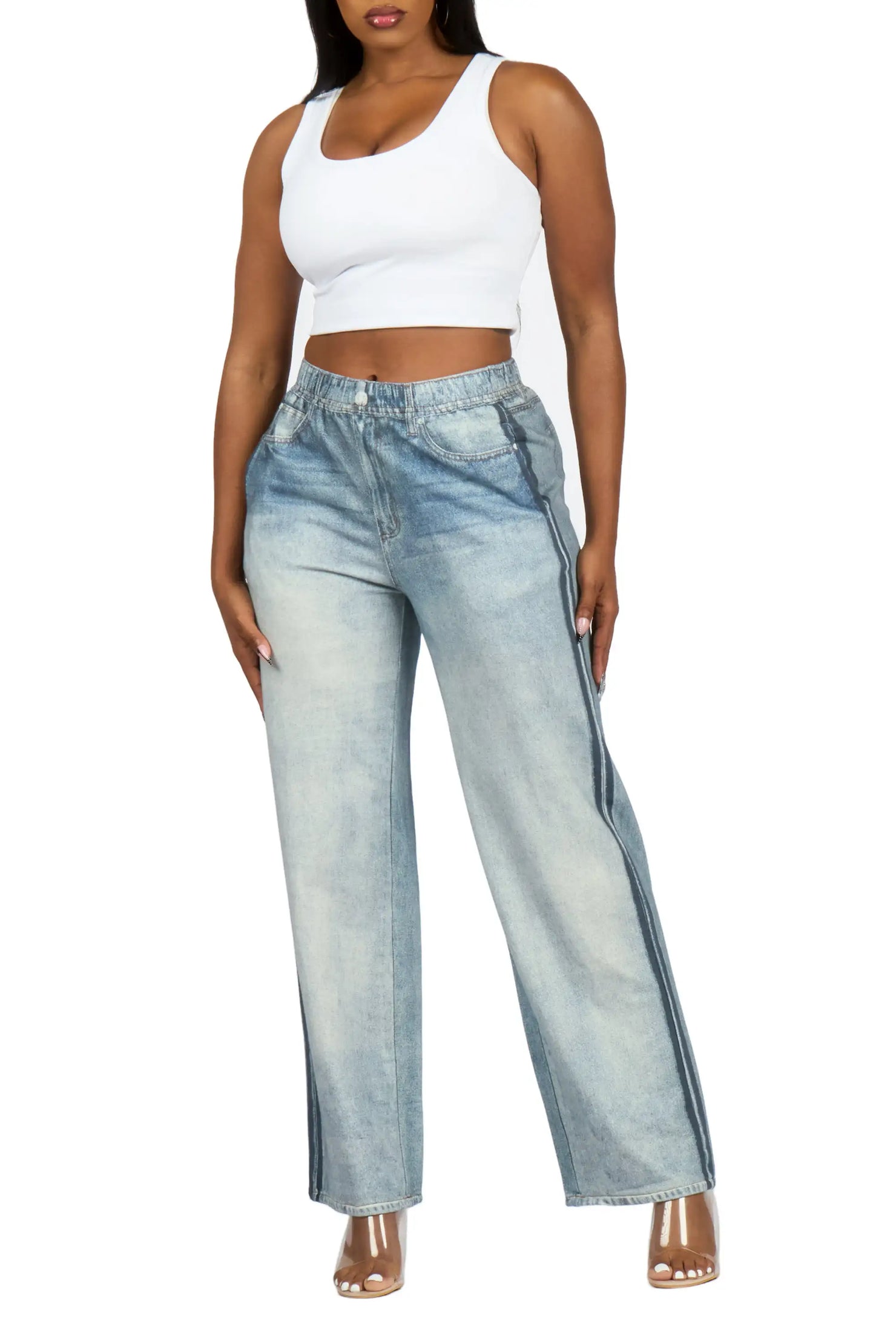 Yonis Light Wash Denim Print Stretch Terry Sweatpant Jean