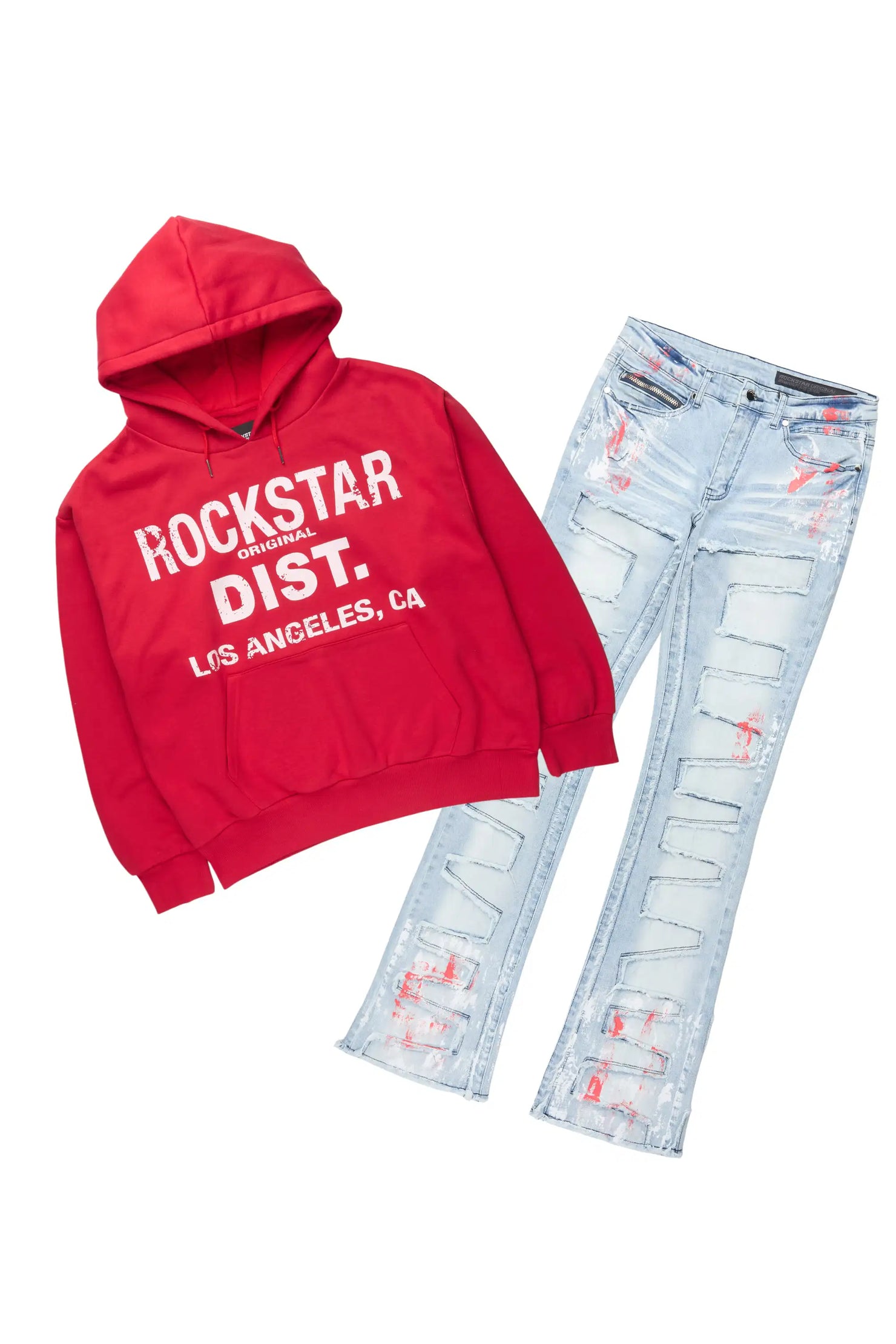 Saxon Red/Blue Hoodie/Stacked Flare Jean Set