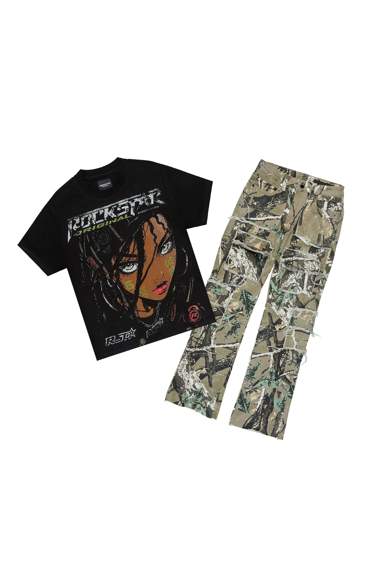 Boys Brayzo Black/Tree Camo T-Shirt Stacked Jean Set