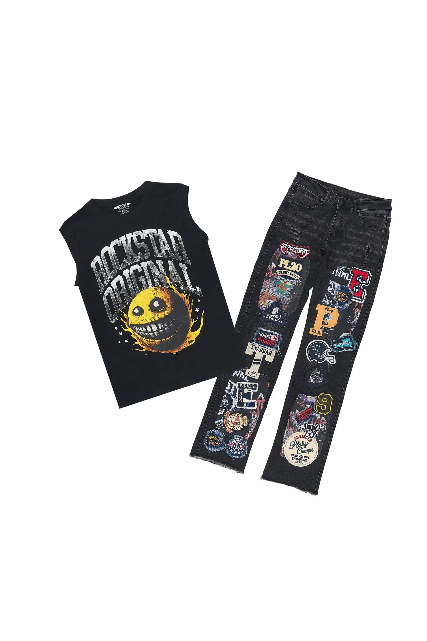 Boys Parsons Black Cut Off T-Shirt Stacked Jean Set