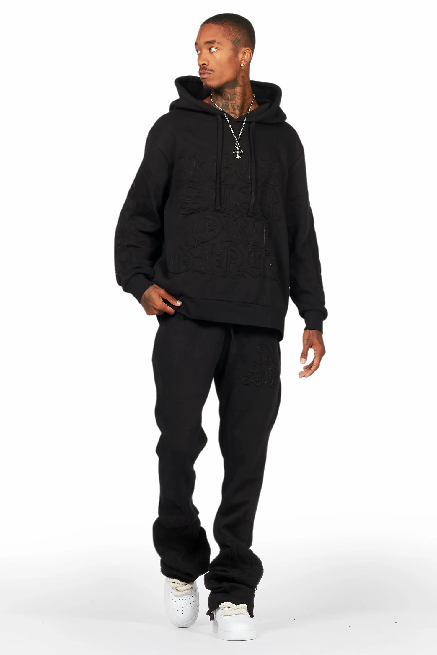 Foresty Black Hoodie Stacked Flare Track Set
