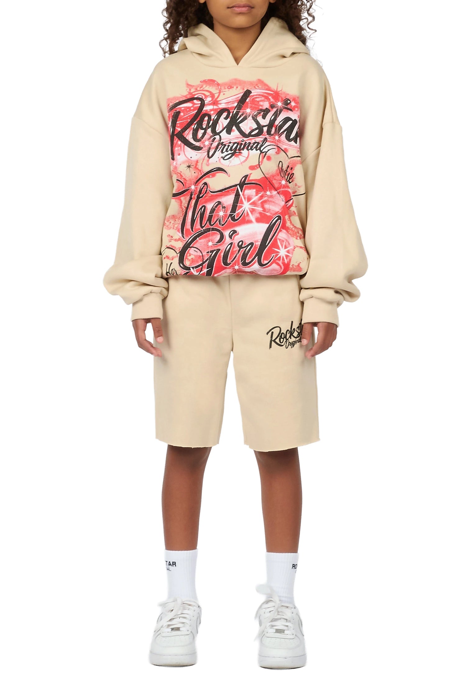 Girls Skye Beige/Burgundy Fleece Hoodie Short set