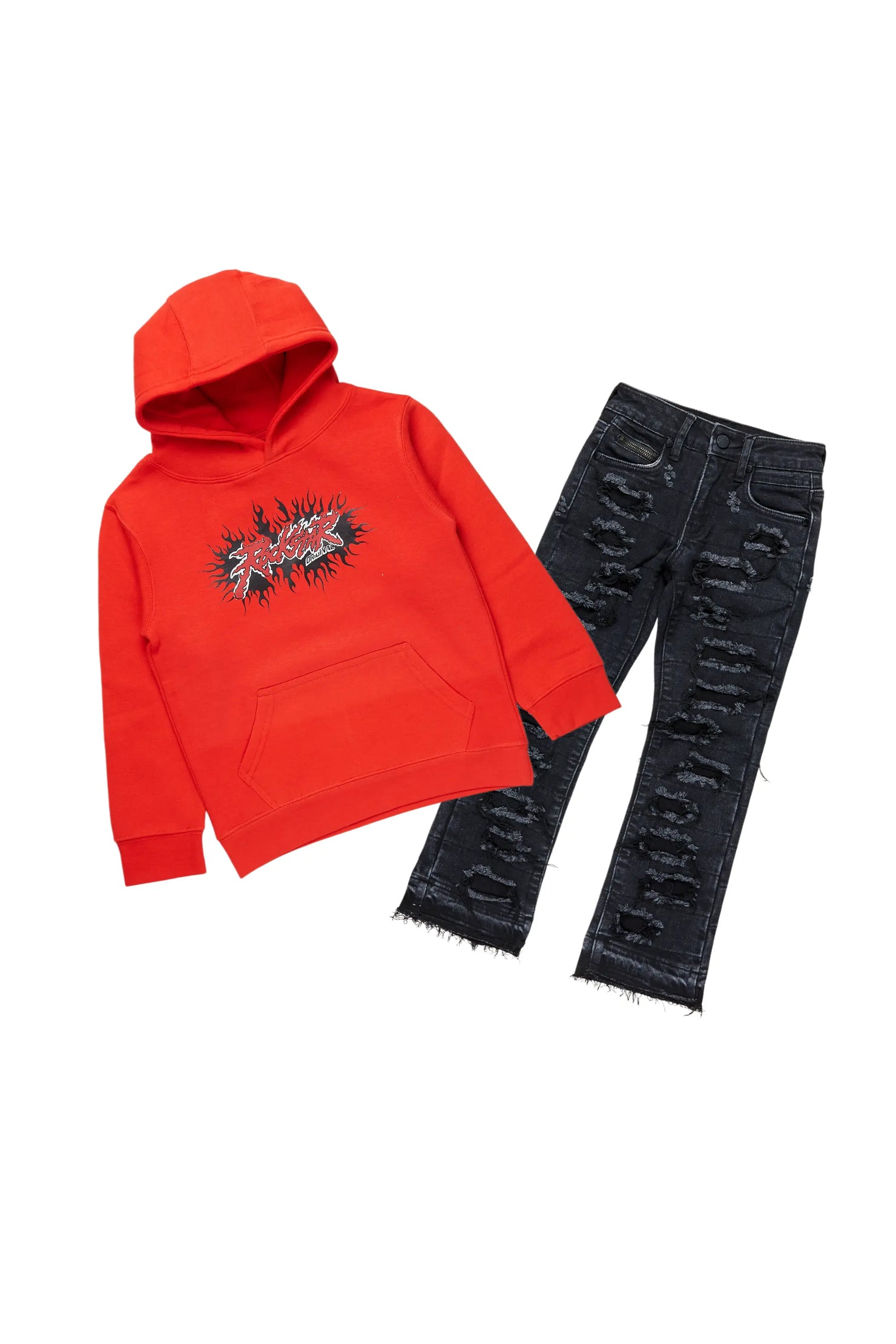 Boys Albus Red Hoodie/Stacked Flare Jean Set