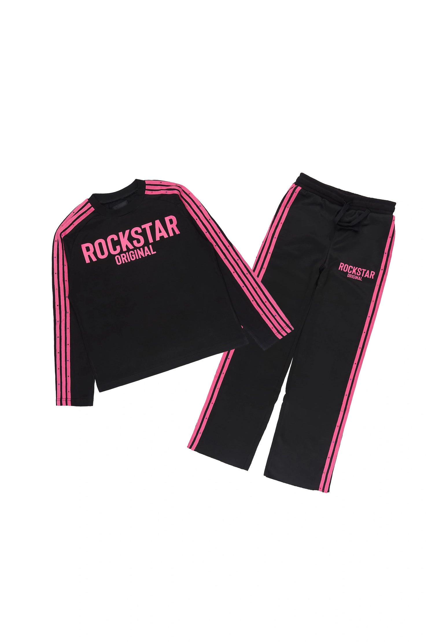 Girls Gulisa Black/Pink Rhinestone Long Sleeve Shirt Relaxed Track Set