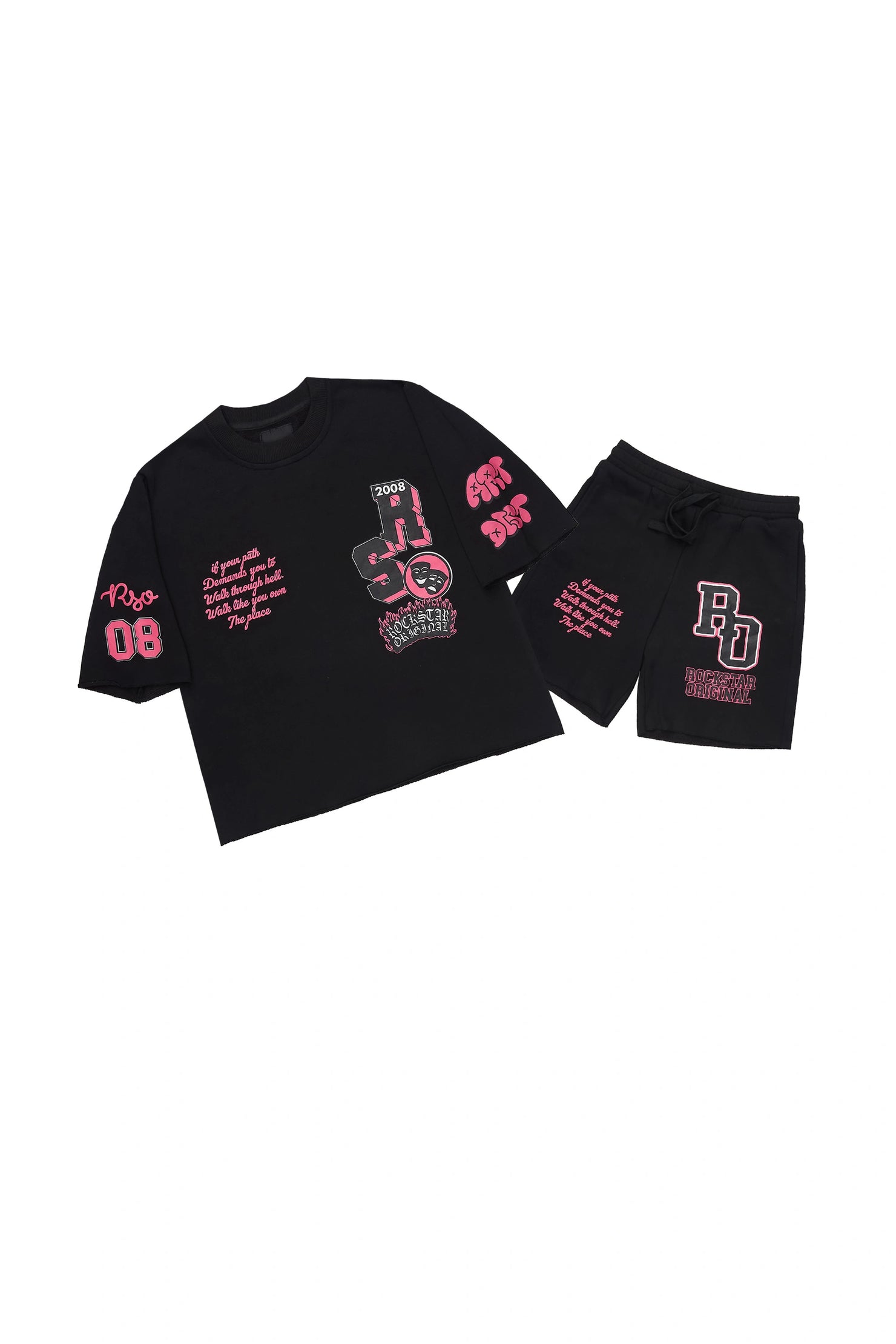 Girls Leslee Black/Pink Boxy T-Shirt Short Set