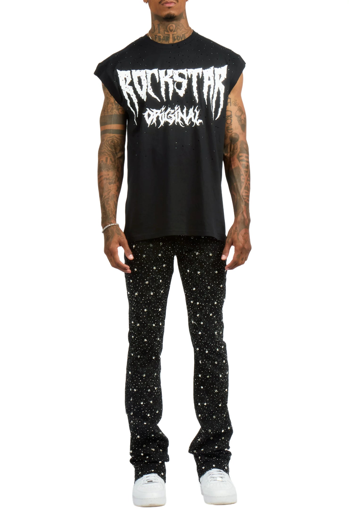 Andros 2.0 Black Rhinestone Oversized Graphic T-Shirt & Glit Rhinestone Stacked Flare Jean Set