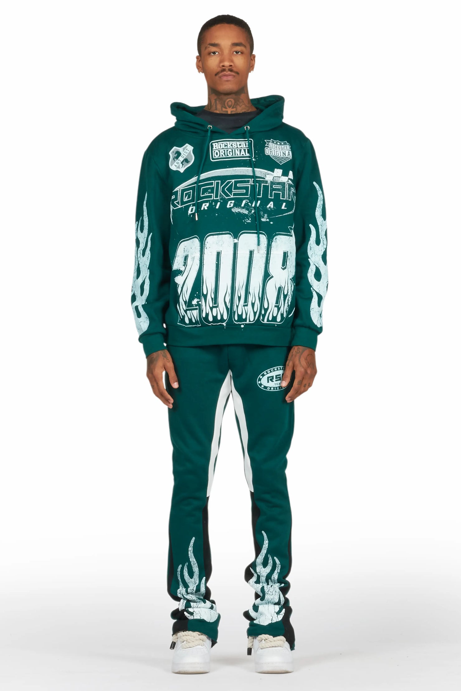 Amos Dark Green Stacked Flare Hoodie Track Set