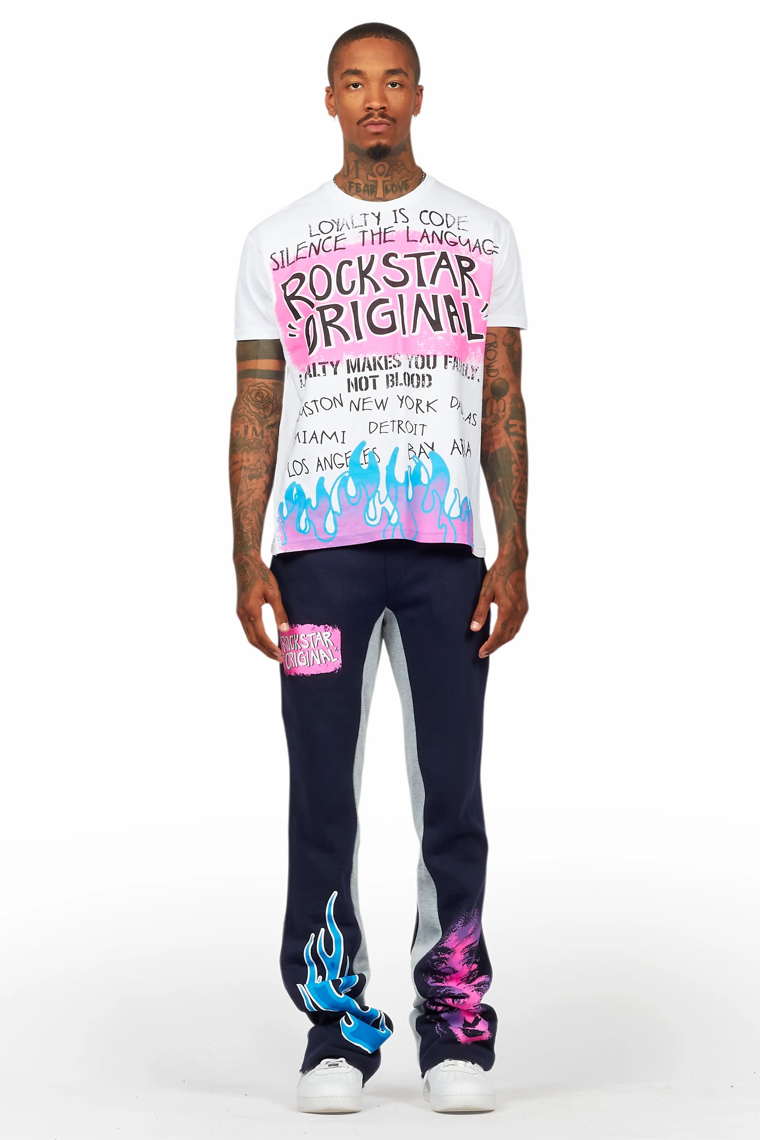 Beno White/Navy T-Shirt/Baggy Stacked Pant Set