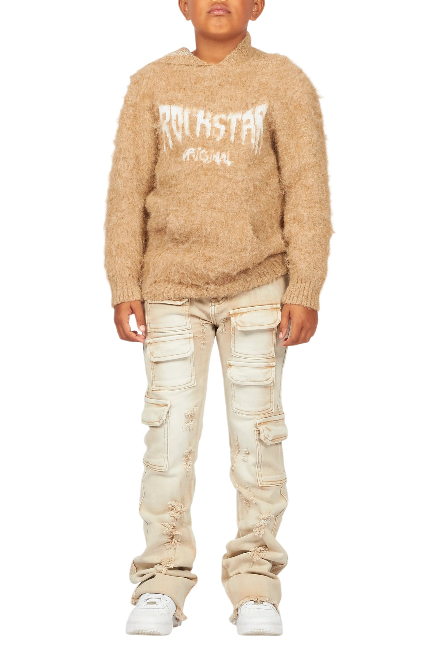 Boys Andros Brown/Tan Mohair Hoodie/Stacked Flare Jean Set