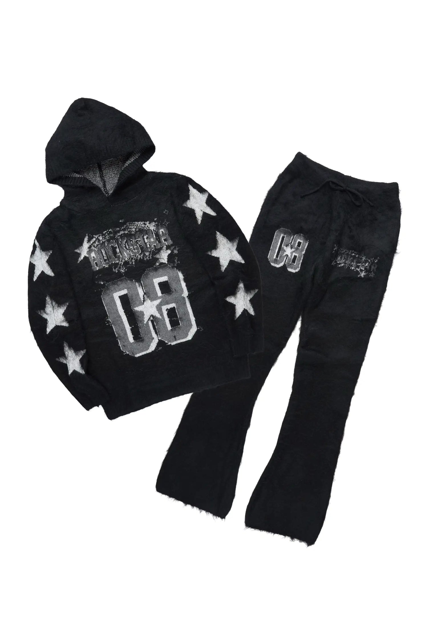 Allstar Black Hoodie Stacked Flare Knitted Mohair Track Set