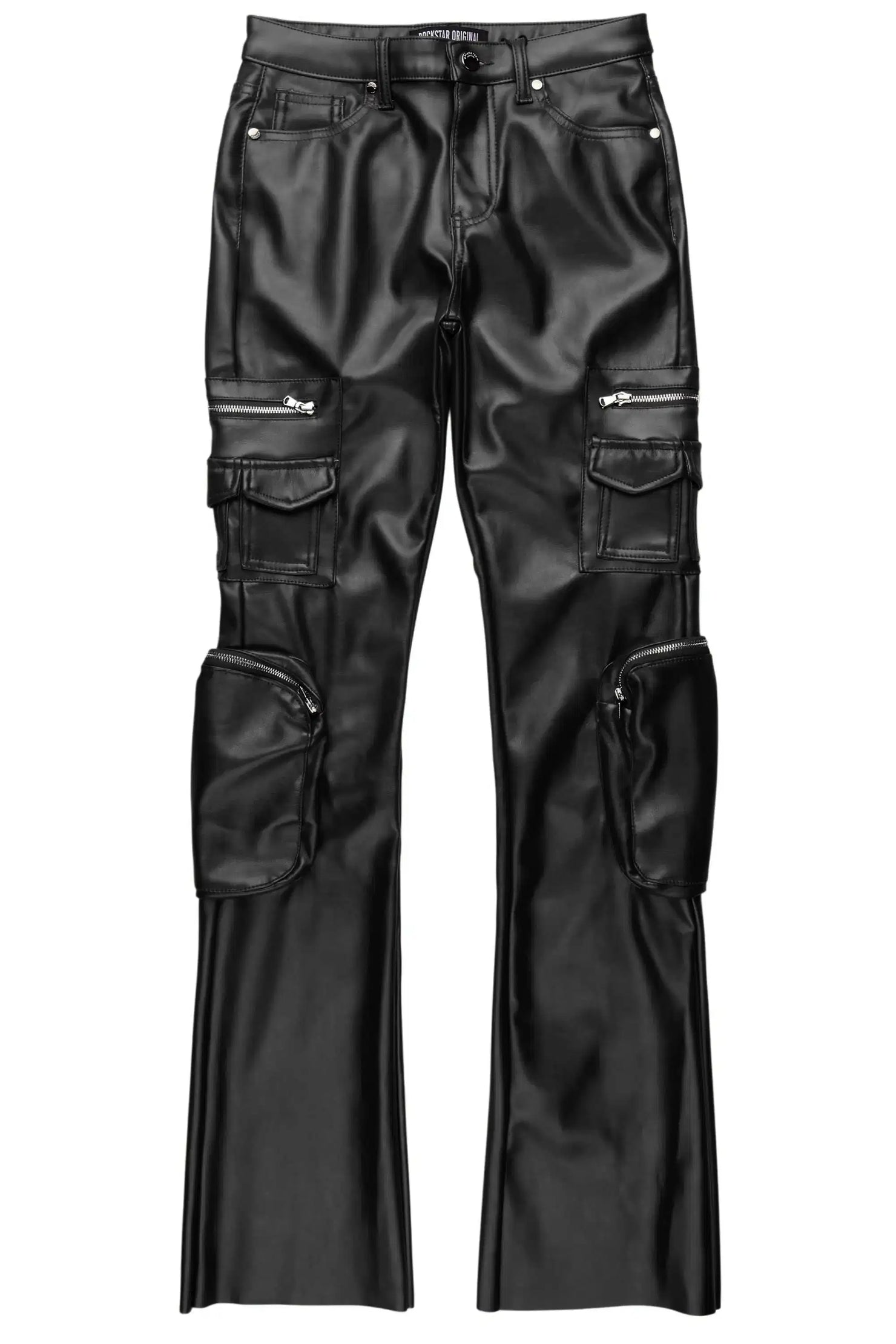 Luxola Black PU Cargo Stacked Flare Pant