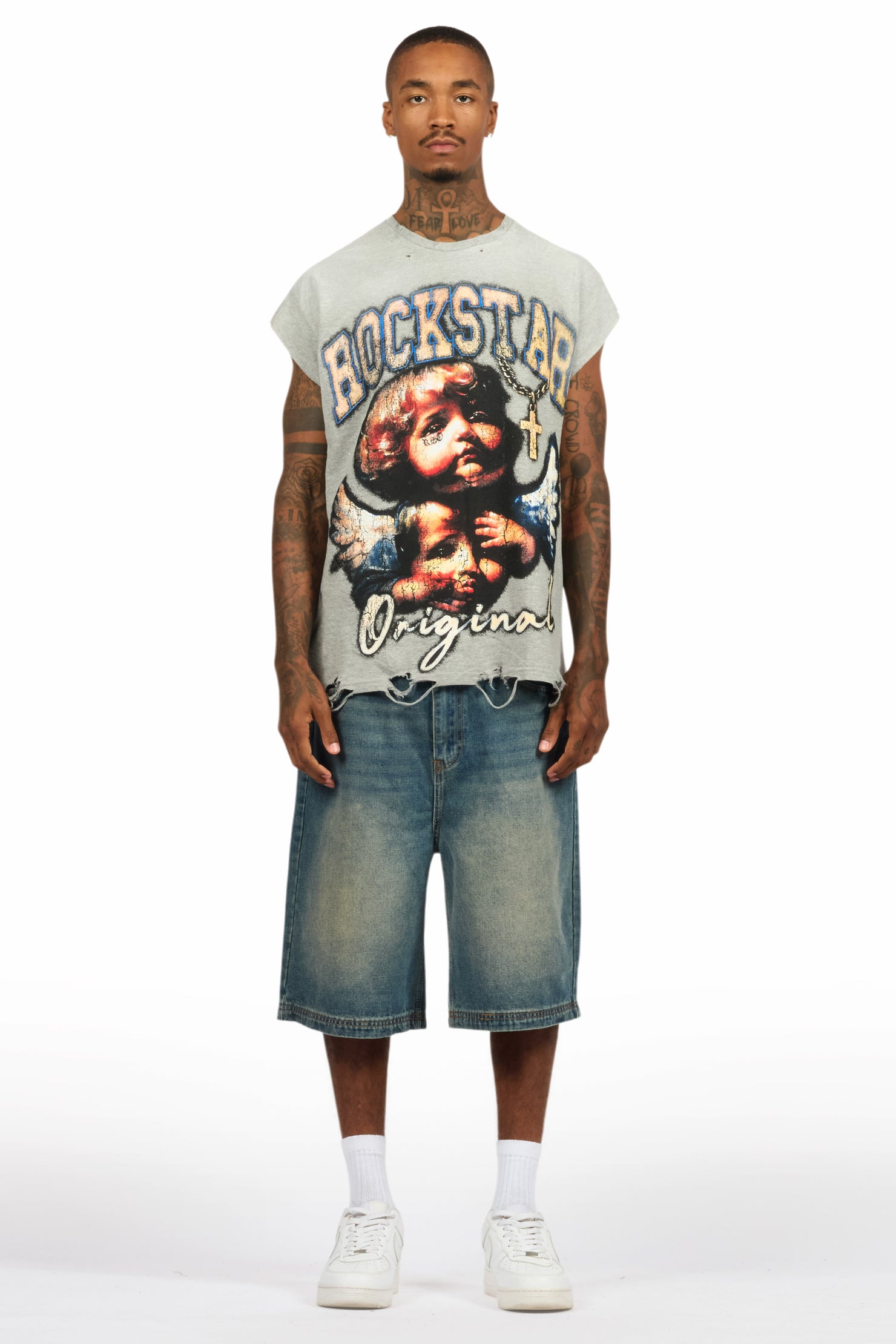 Deiter Heather Grey Muscle Tee/Denim Jort Set