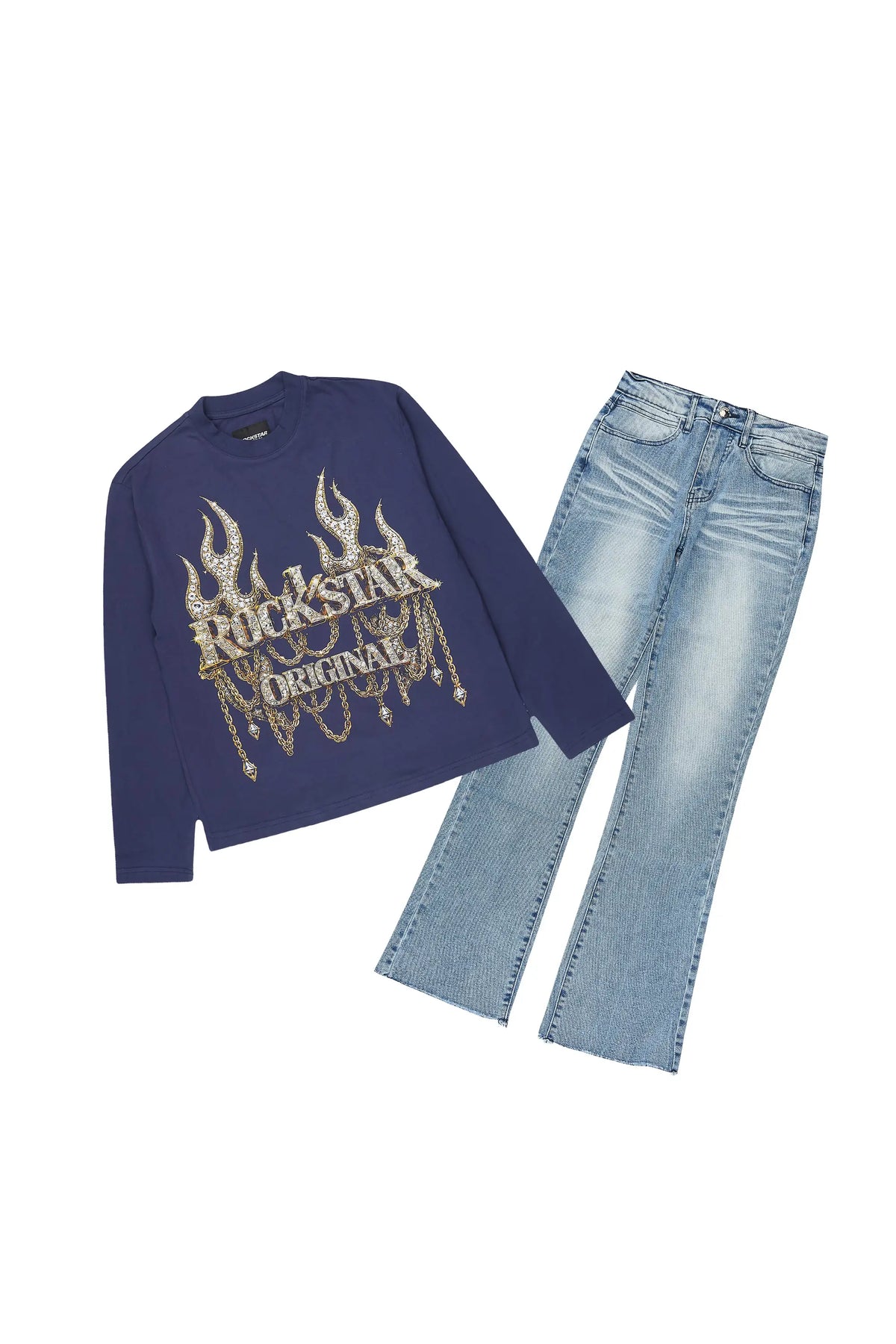 Boys Izzo Navy/Blue Long Sleeve T-Shirt Stacked Painter Jean Set