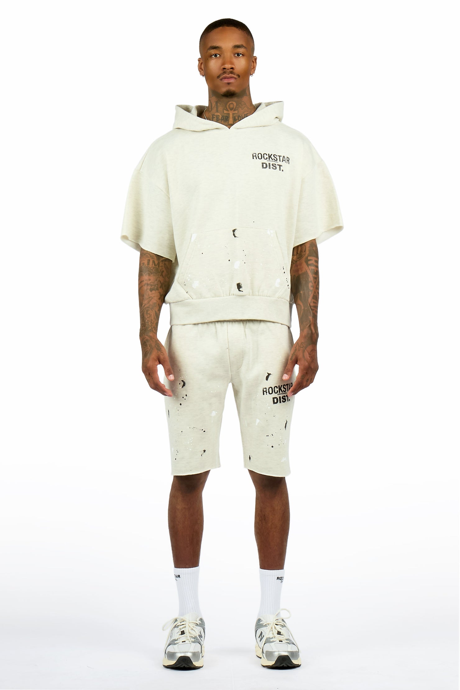 Raffer Light Oatmeal Cut Sleeve Hoodie Short Set