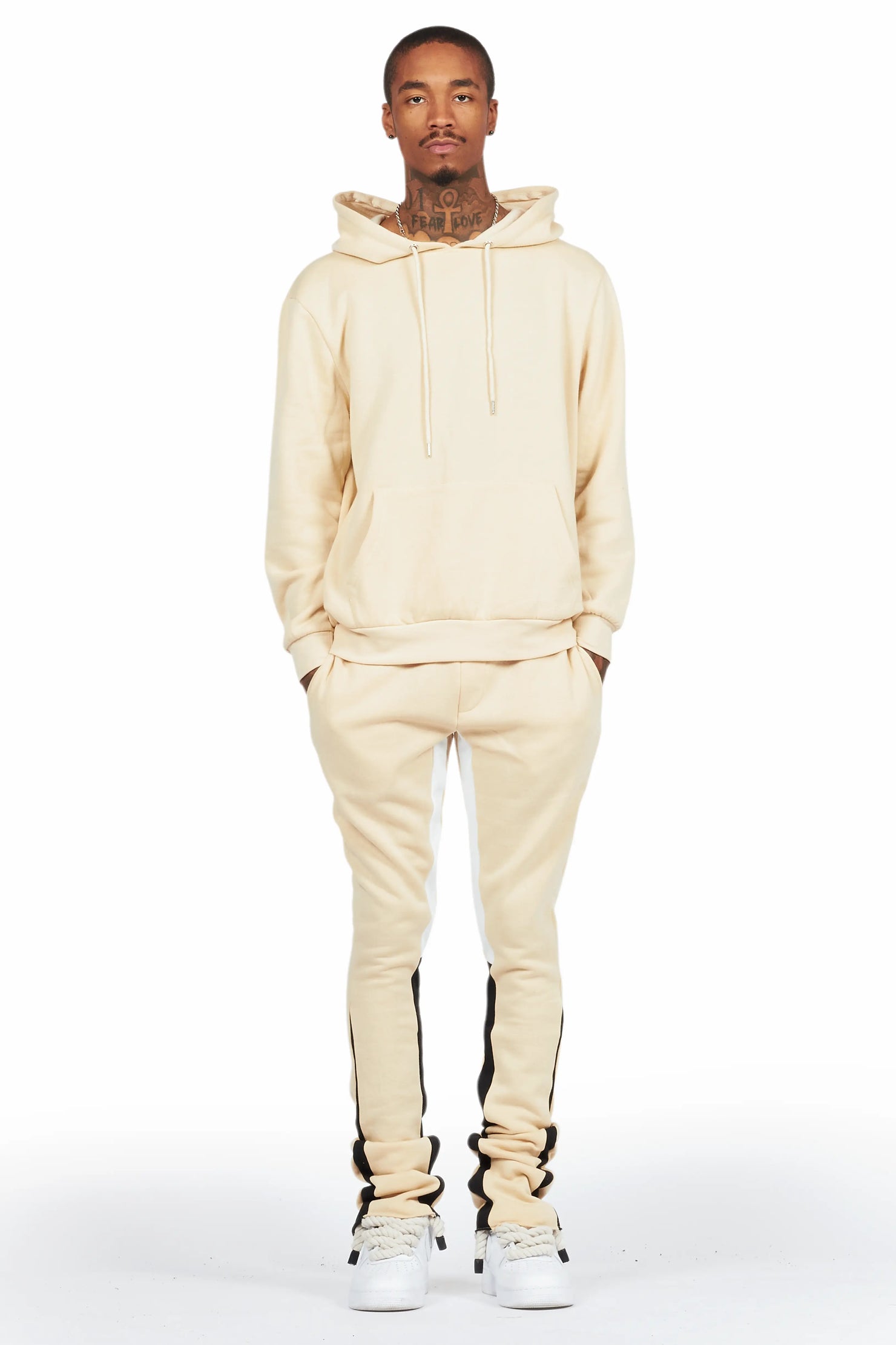 Basic Beige Hoodie/Stacked Flare Track Set