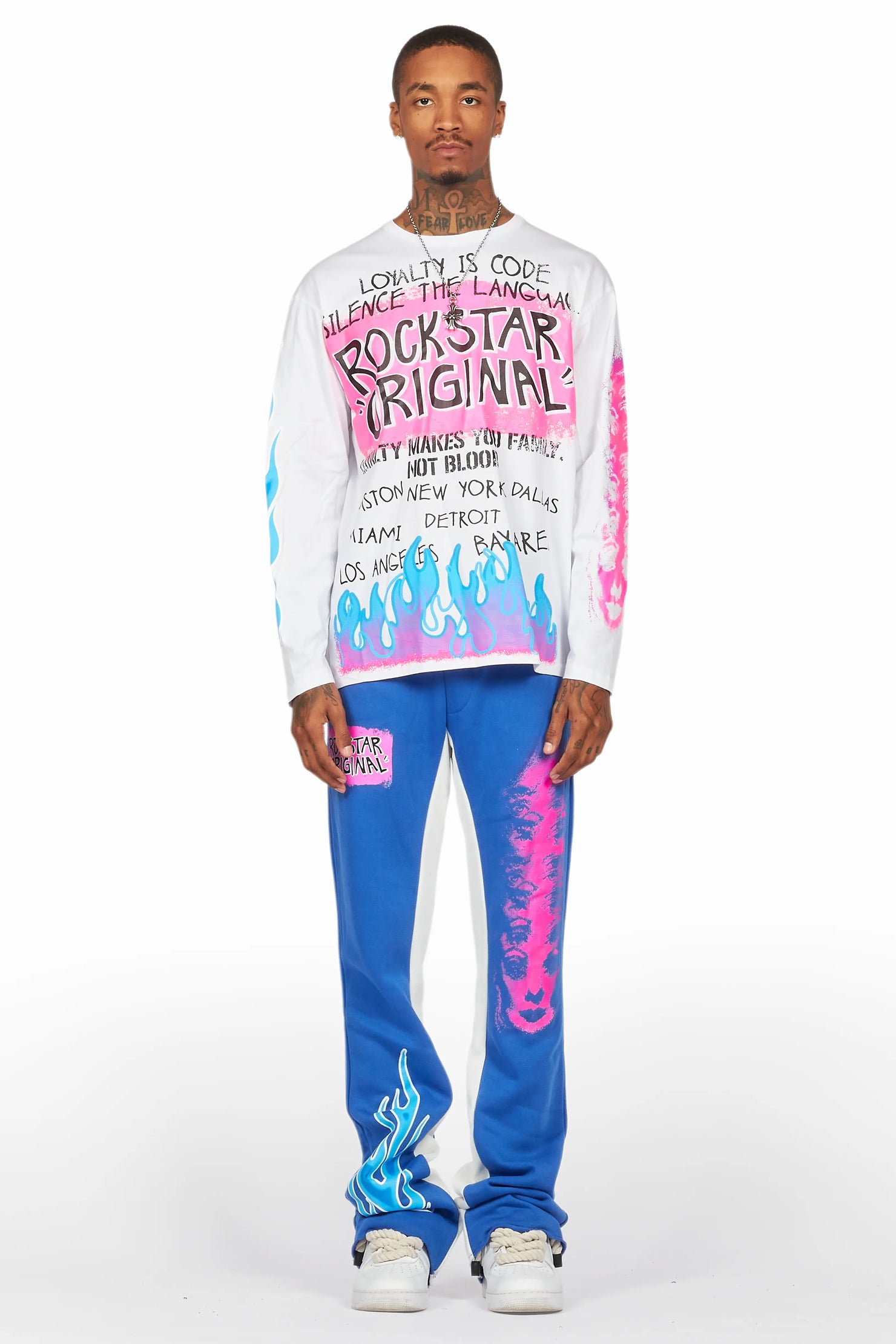 Beno White/Royal Long Sleeve T-Shirt/Baggy Pant Set