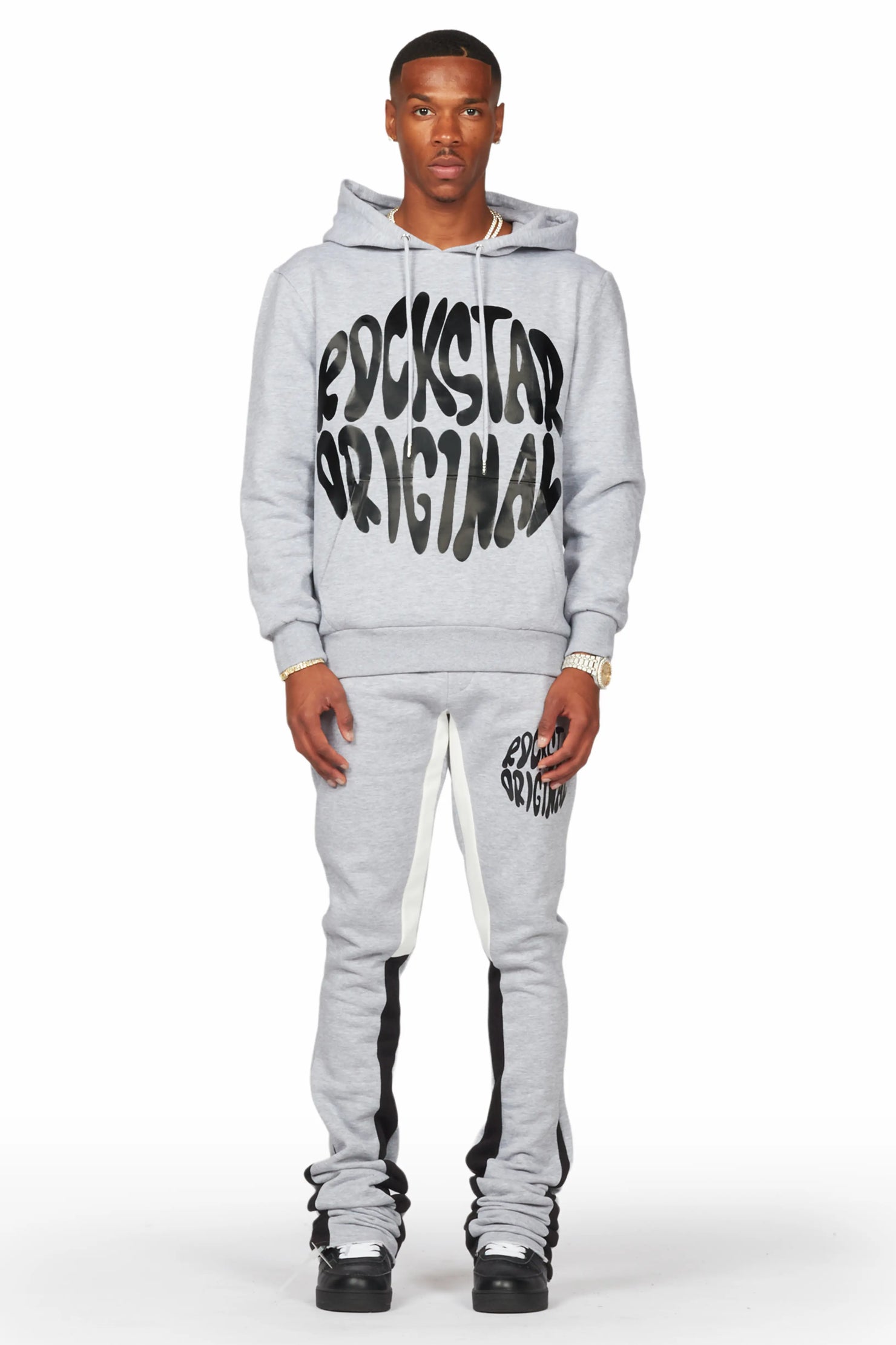 Thierry Heather Grey Super Stacked Flare Track Pant Set