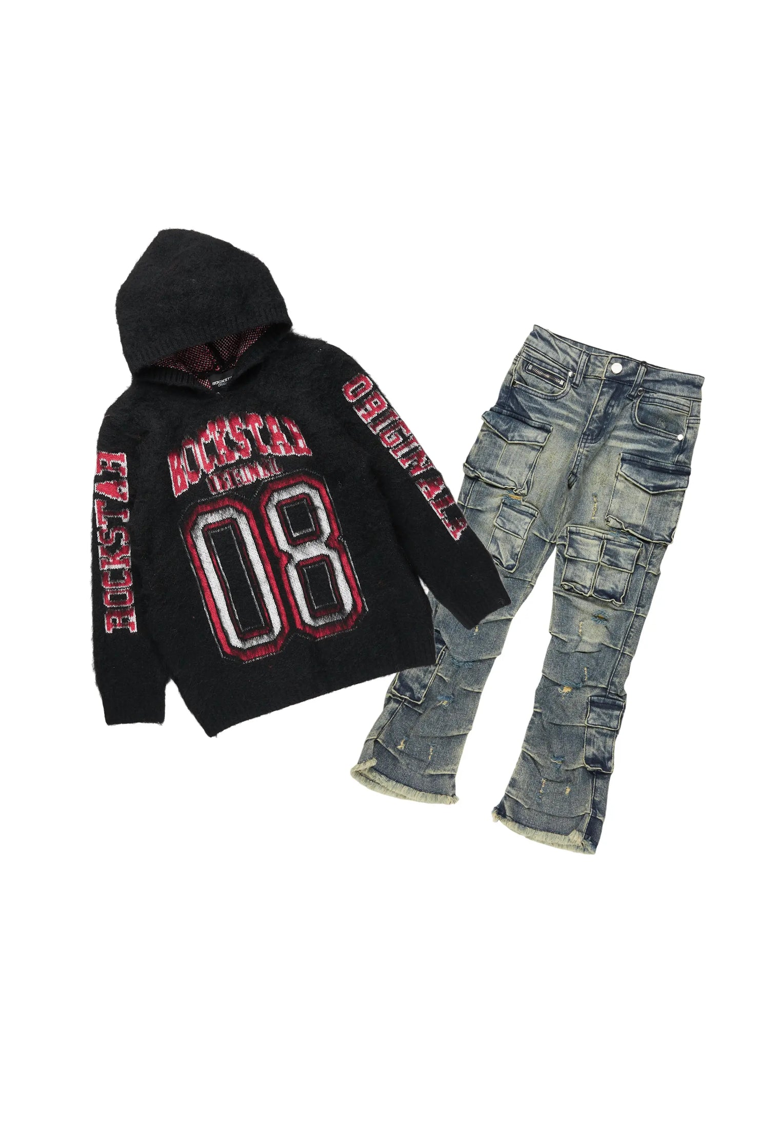 Boys Fields Black/Tint Mohair Hoodie/Stacked Flare Jean Set