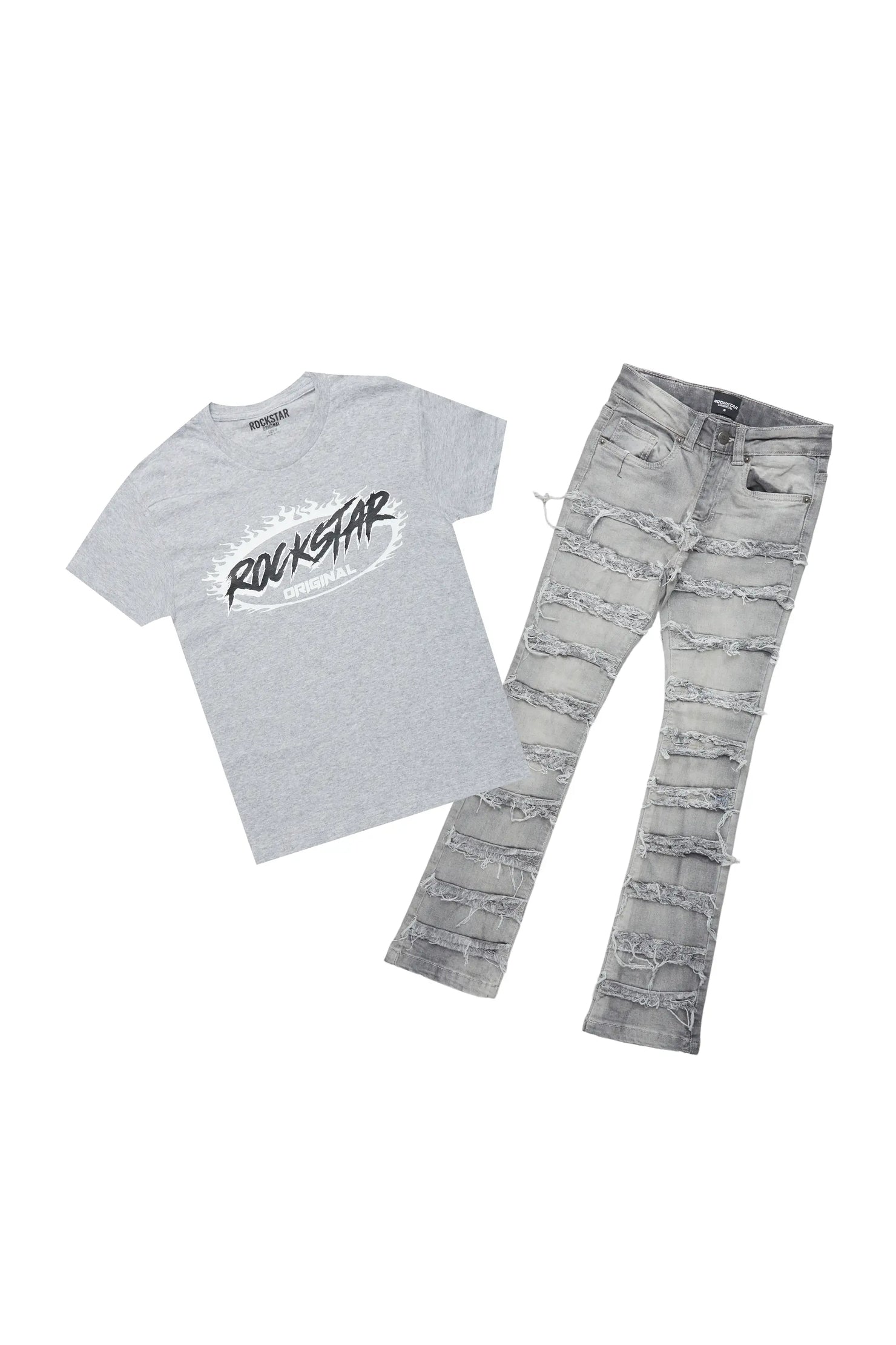 Boys Ochoa Grey T-Shirt/Skinny Stack Flare Jean Set