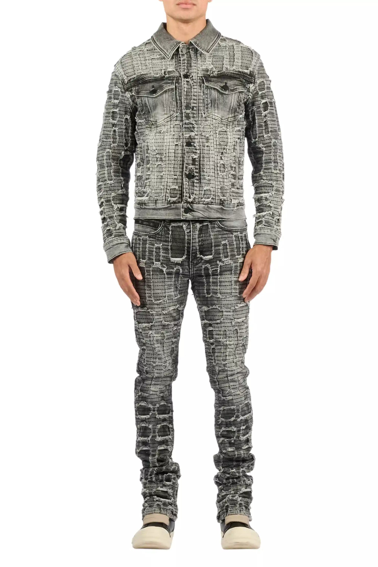 Gribo Grey Denim Jacket/Stacked Flare Jean Set