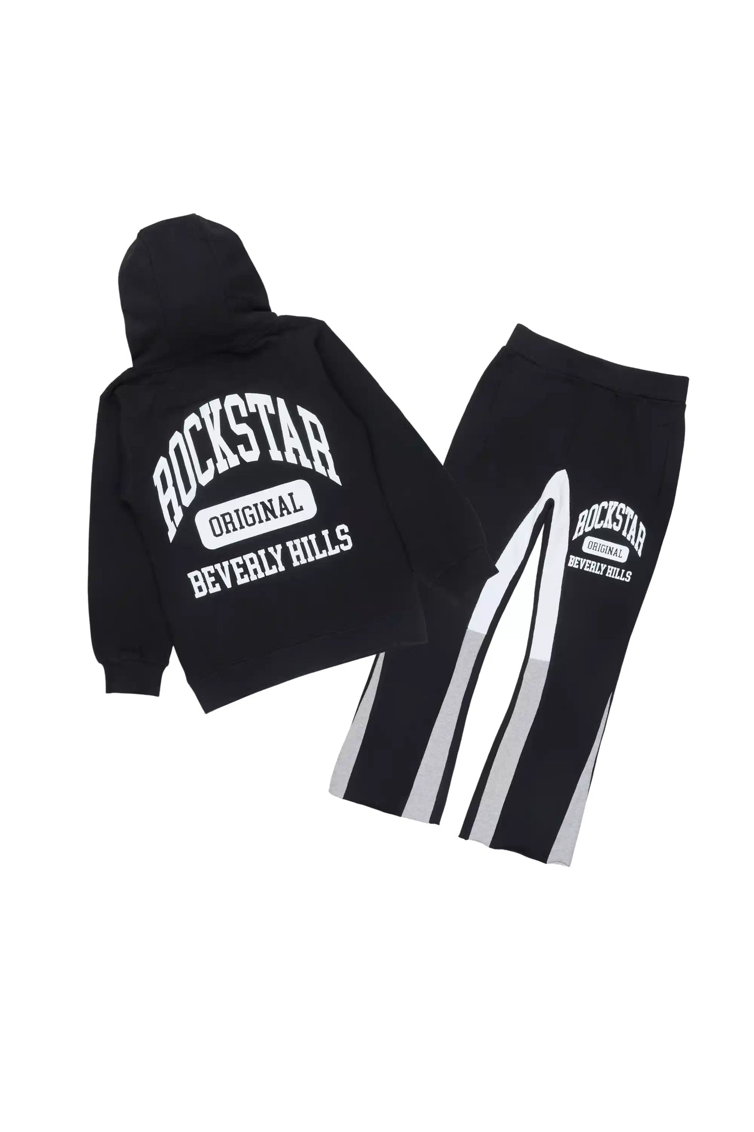 Boys Member Black/White Hoodie Stacked Flare Track Set