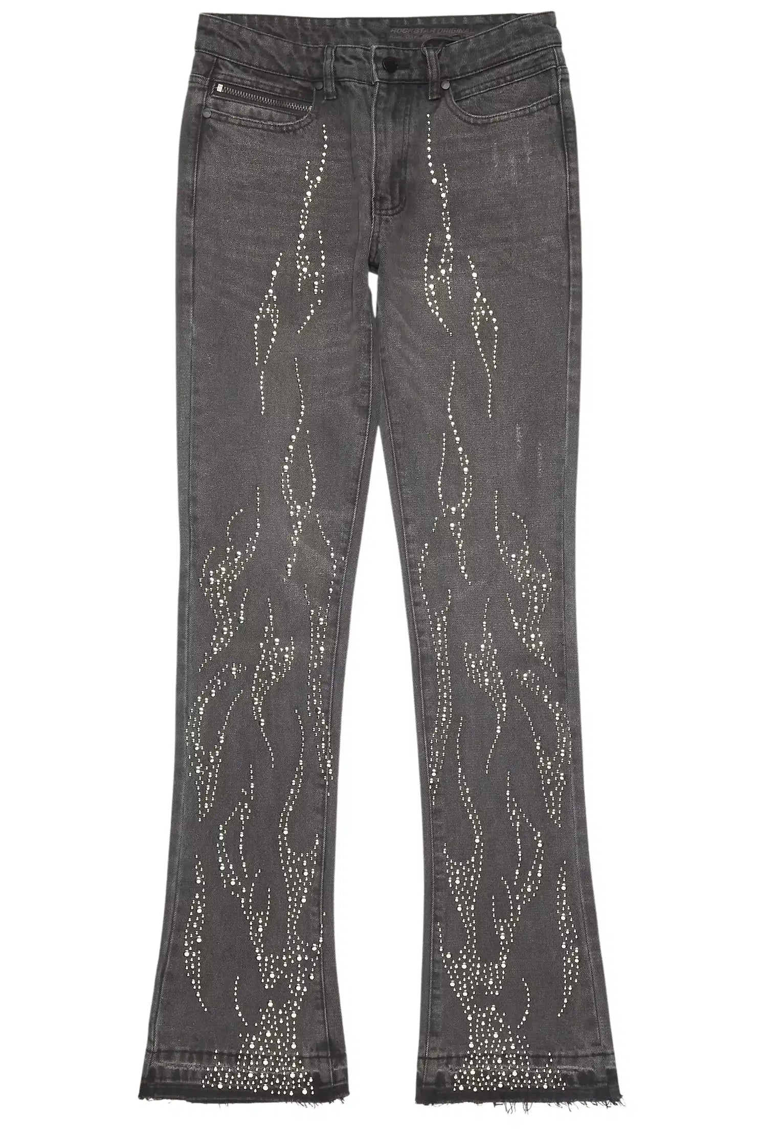 Tachi Dark Grey Rhinestone Stacked Flare Jean