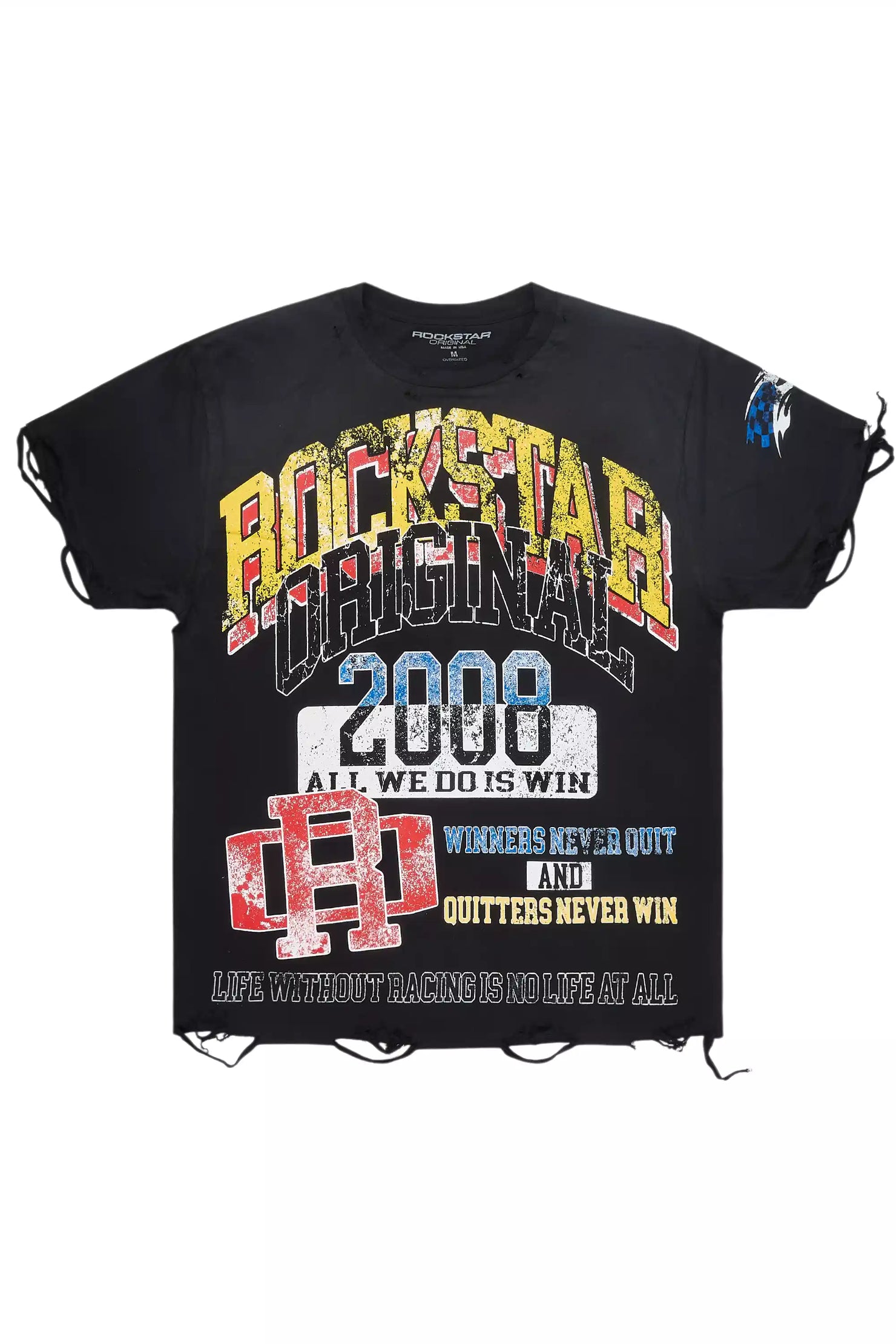 Colorful Race Black Oversized Distressed Graphic T-Shirt