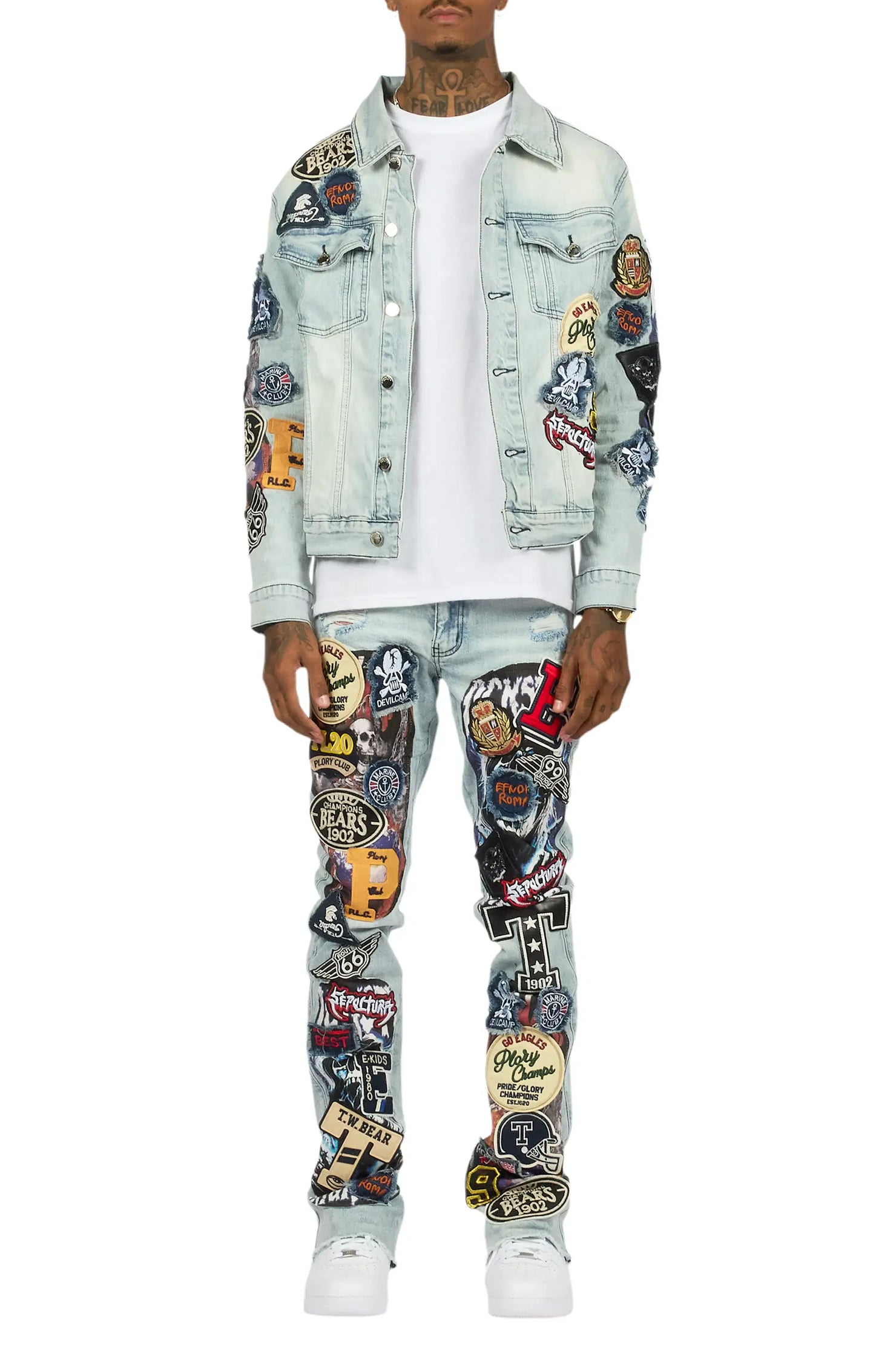 Espan Light Blue Denim Jacket/Stacked Flare Jean Set