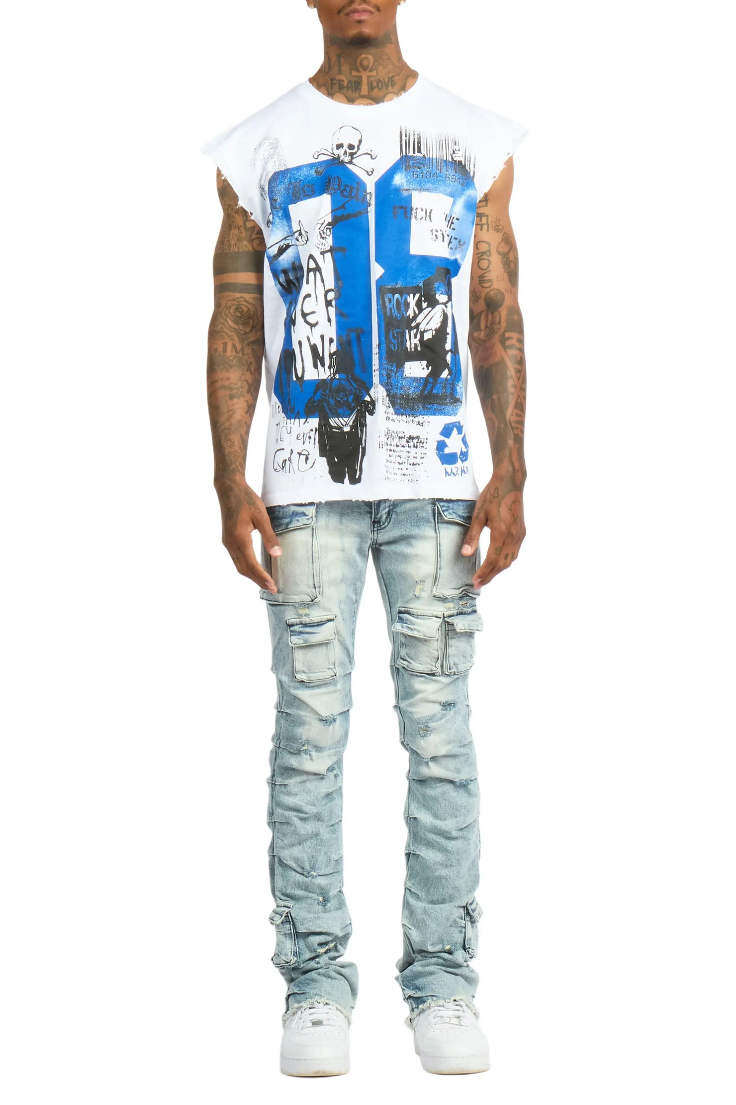 Grill 2.0 White/Light Blue Oversized Graphic T-Shirt & Gentry Stacked Flare Jean Set